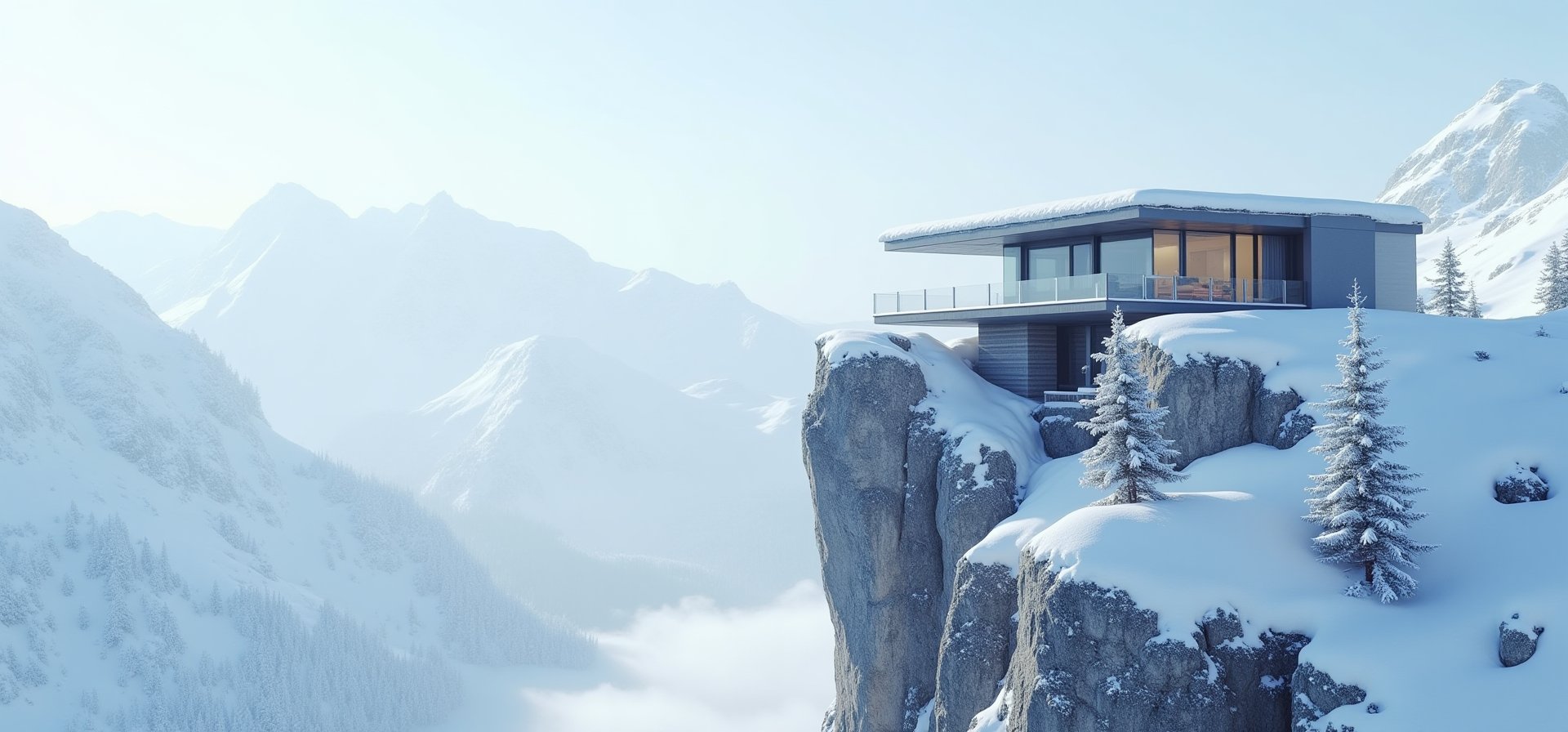 A breathtaking 1080p image of a modern house perched precariously on the edge of a towering snow-capped mountain. The sleek, contemporary abode stands out against the pure white backdrop, its angular lines and gleaming windows reflecting the crisp mountain air. Snow-covered trees dot the landscape below, their branches etched in fine detail as the house's roof glistens with frost.