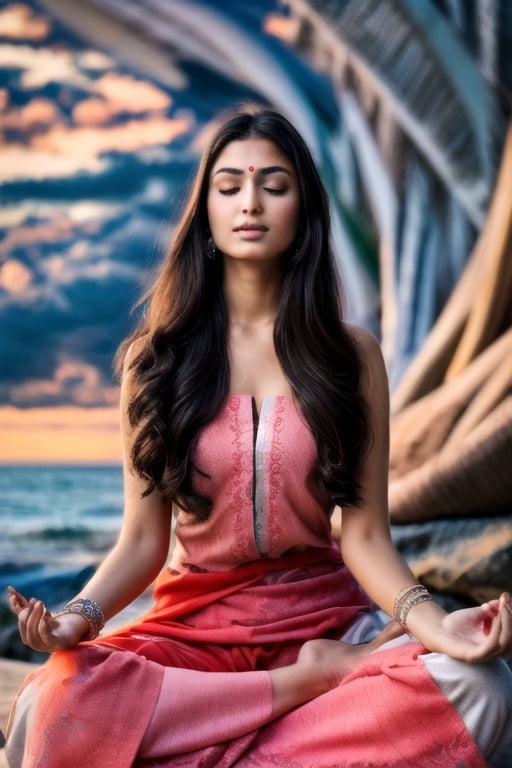 beautiful face,abstract image,high contrast,ultra detailed face,aesthetic image  1.5,perfect face1.9, detailed face, perfect nose,realistic image 1.8,beautiful Indian woman sitting and meditating near sea, indian woman 1.8, sunset in the background, beautiful sea ,(ultra realistic image 1.2), beautiful face 1.4, realistic detailed eyes 1.2, realistic texture skin, real skin texture 1.5,black long hair, perfect human body anatomy,