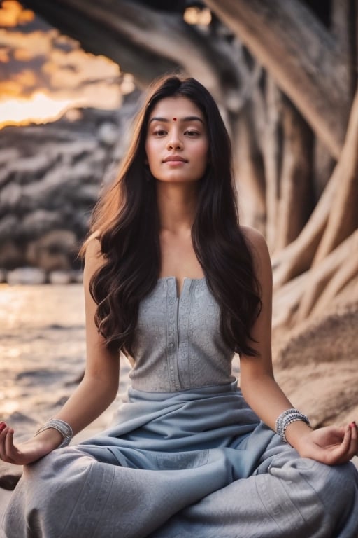 beautiful face,abstract image,high contrast,ultra detailed face,aesthetic image  1.5,perfect face1.9, detailed face 1.9, perfect lips1.9, perfect nose,realistic image 1.8,beautiful Indian woman sitting and meditating near sea, indian woman 1.8, sunset in the background, beautiful sea ,(ultra realistic image 1.2), beautiful face 1.4, realistic detailed eyes 1.2, realistic texture skin, real skin texture 1.5,black long hair, perfect human body anatomy,