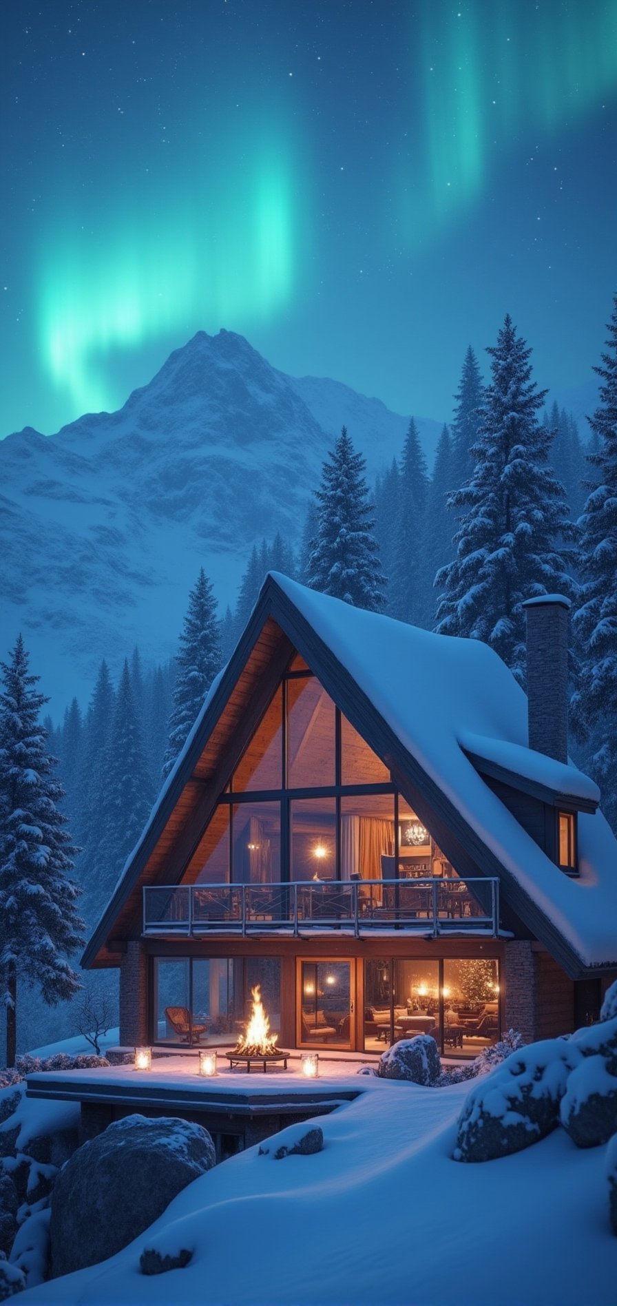 A majestic traditional glass villa perches atop a snowy mountain peak at dusk's detailed night. The camera frames the sleek façade reflecting vibrant aurora hues as northern lights dance across the sky, casting an ethereal glow on the surrounding landscape. A bone fire crackles outside, its flames illuminated by soft lanterns and wispy smoke dancing upwards. Snowflakes gently fall onto angular lines, creating a serene winter wonderland. The camera zooms in on glass walls, revealing cozy interior lit by soft lamps and roaring fire, with frosty windowsills and wispy snowflakes appearing crisp and realistic in 1080p resolution.