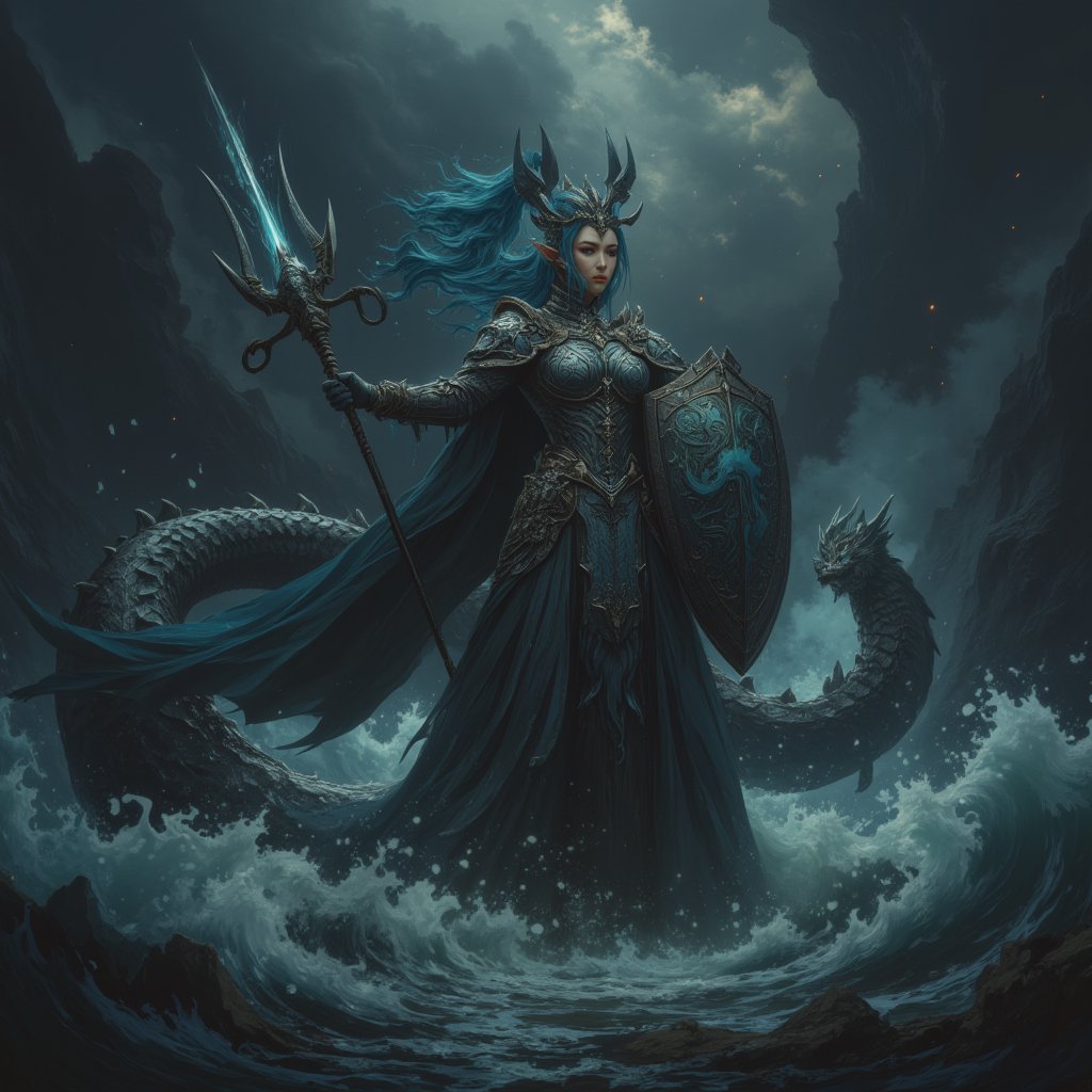 8K UHD digital painting, Gonggong, the paladin goddess, stands victorious amidst turbulent waters. Dark iron and scale armor glisten in a dimly lit, misty atmosphere. Her dragon-adorned helmet and breastplate, etched with tidal waves and serpents, reflect her dominion over oceans and rivers. A massive trident crackles with deep energy, while a shield emblazoned with roaring sea waves glows. Gonggong's dynamic pose captures her summoning a mighty tidal wave, with blue hair flowing like water behind her. The divine, water-soaked ground beneath her feet seems ready to unleash her full fury upon the battlefield.