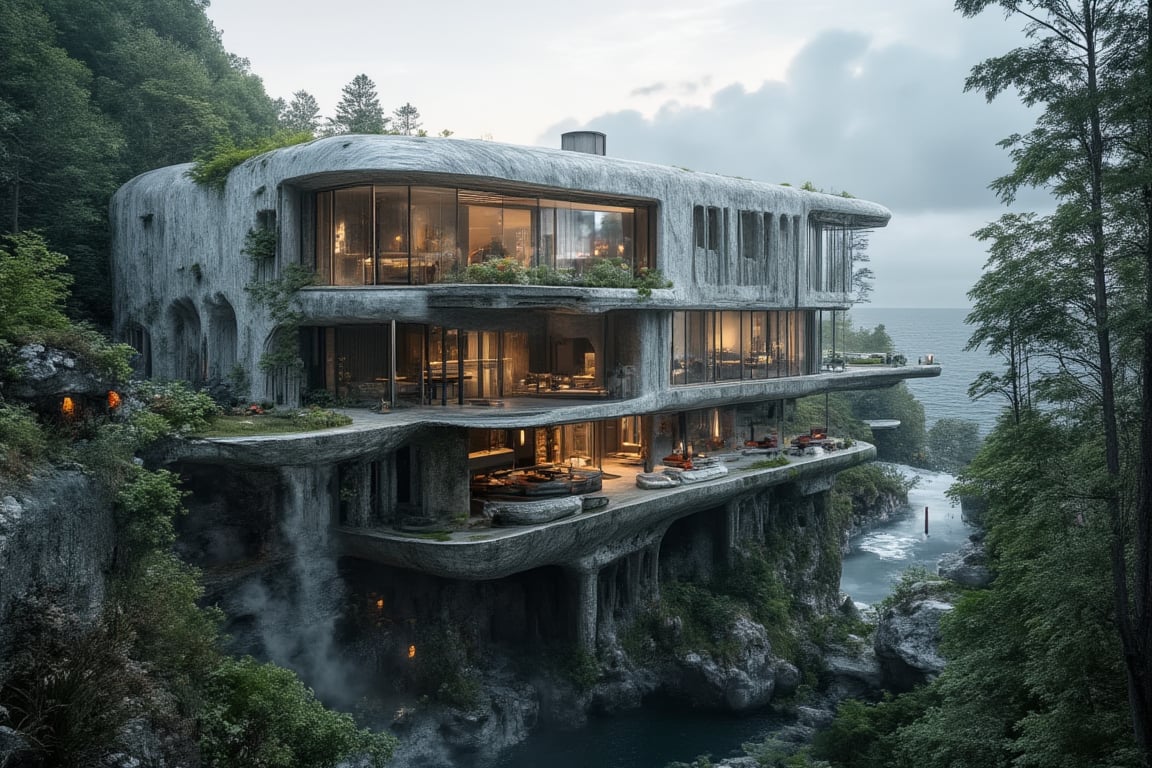 a modern home with clean look ,morning lighting  ,multi story house in forest   
  ,modern design  , detailed morning lighting in background , detailed beach in background,noc-futuristic