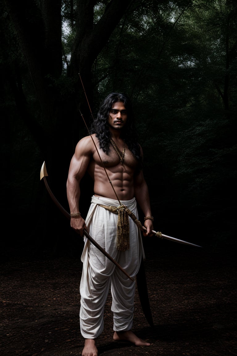 solo, long black wavy hair, 1indian boy, holding bow , standing, full body, weapon bow , male focus, outdoors, day, pants, holding weapon bow , tree, traditional style white indian dhoti , lean muscular, long  wavy hair, pectorals, nature, forest, bow \(weapon\), realistic, arrow \(projectile\), manly, chest hair, quiver,Portrait ,gold jewellary