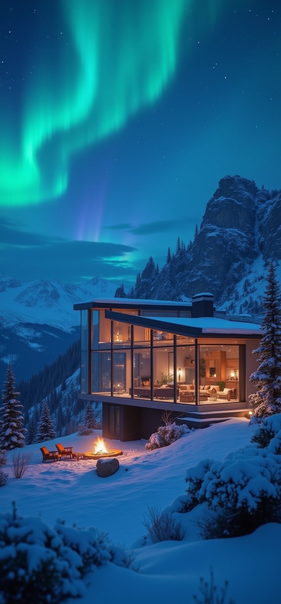 A majestic modern glass villa sits atop a snowy mountain peak at dusk's detailed night. The villa's sleek façade reflects vibrant aurora hues as northern lights dance across the sky, casting an ethereal glow on the surrounding landscape. Bone fire crackles outside, its flames illuminated by soft lanterns and wispy smoke dancing upwards. Snowflakes gently fall onto angular lines, creating a serene winter wonderland. The camera zooms in on glass walls, revealing cozy interior lit by soft lamps and roaring fire. Frosty windowsills and wispy snowflakes appear crisp and realistic in 1080p resolution.