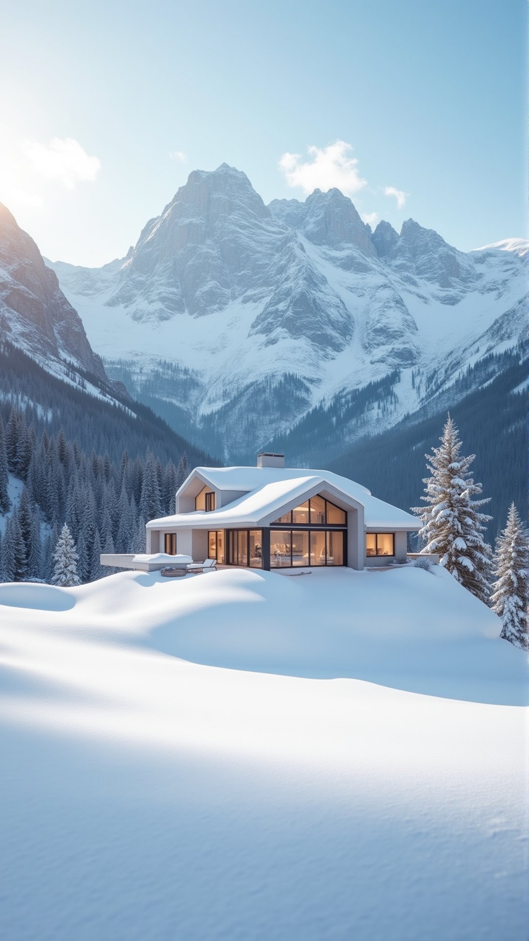 Capture a breathtaking scene of a modern villa situated atop a majestic snow-capped mountain, bathed in warm sunlight. The villa's sleek design and gleaming white exterior blend seamlessly into the winter wonderland landscape. In the foreground, a blanket of untouched snow stretches out, inviting exploration. Shot from a low angle, the camera frames the villa against the dramatic mountain backdrop, with the surrounding trees and rocky peaks visible in the distance.