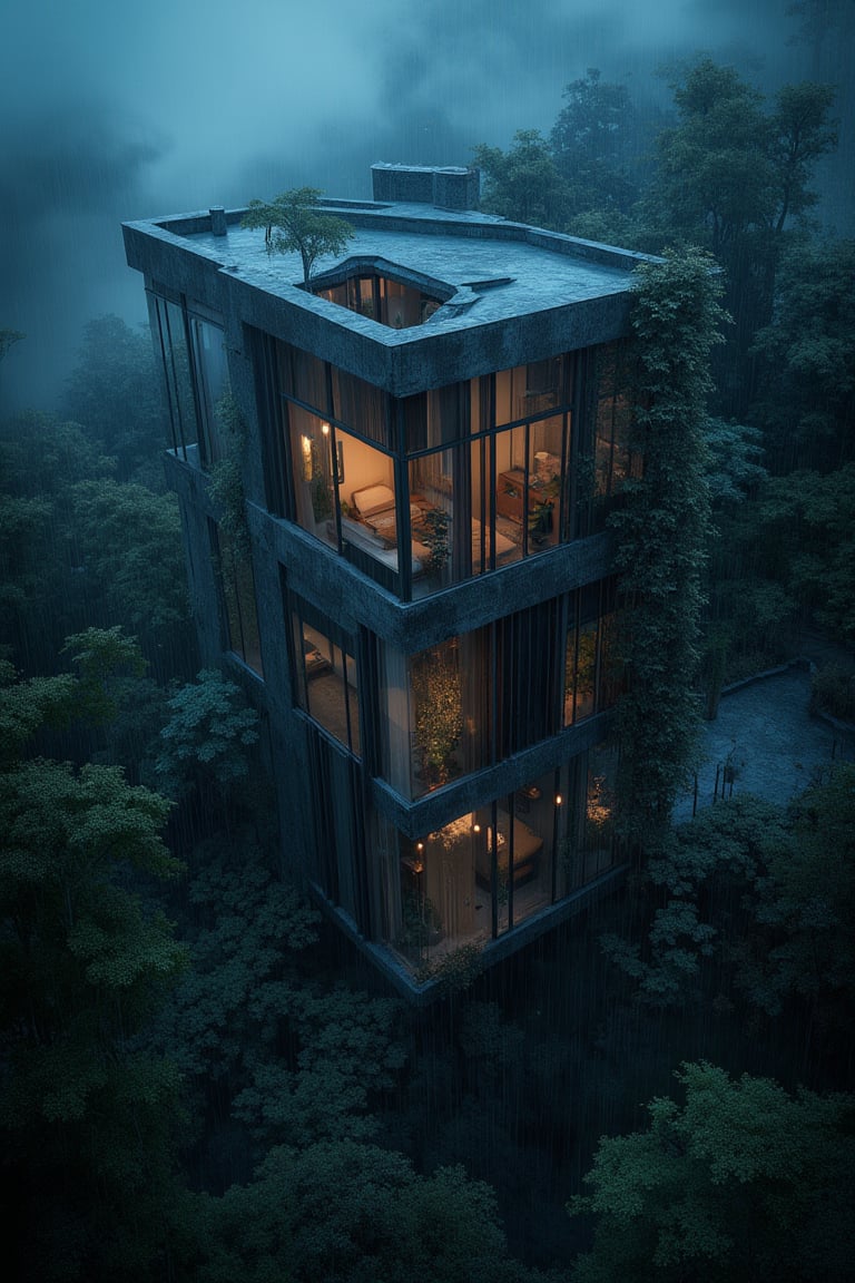 a modern home with clean look ,night lighting  ,morden glass tringular house hidden in rainy  forest  
  ,modern design, detailed night lighting in background , detailed forest in background,noc-futuristic,ArchiAIbrickvilla,street,city