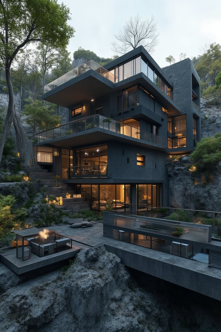 a modern home with clean look,AUTOCad image  ,morning lighting  ,multi story house made up of balck stone in forest ground    
  ,modern design  , detailed morning lighting in background , detailed beach in background,noc-futuristic,4k,8k,16k,32k high resolution, realistic, image from nikon camer 