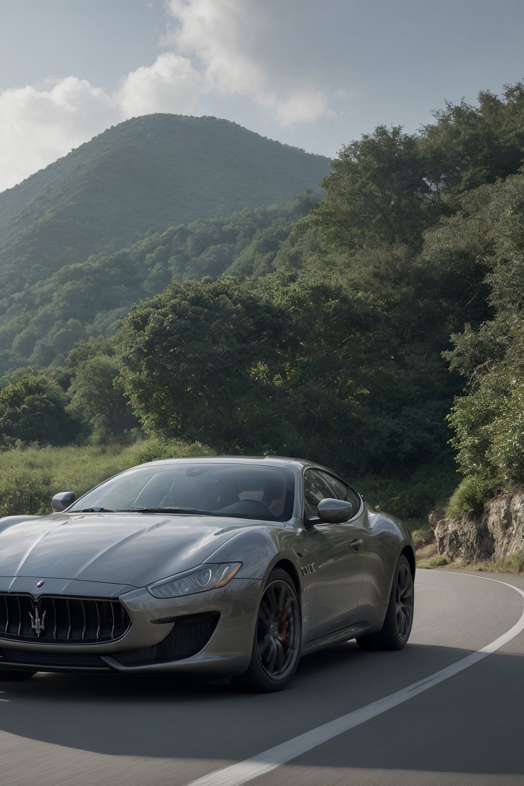 Capture a wide-angle shot of a futuristic Maserati supercar with an extremely realistic rendering. The vehicle's sleek design and detailed Maserati logo are set against a serene backdrop of lush greenery, with subtle nuances in lighting that evoke a sense of depth. Framed at 32K resolution, the image is breathtakingly sharp, with intricate details visible at 16K, 8K, and even 4K. At 1080p, the scene still exudes an air of realism, as if the Maserati has rolled off the production line and onto the scenic landscape.