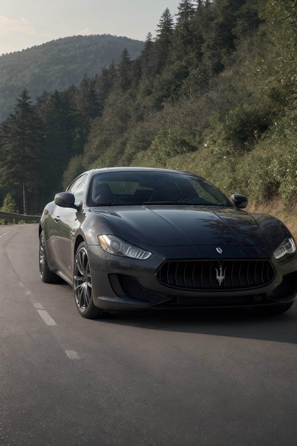 Capture a wide-angle shot of a sleek Maserati car parked in a lush, verdant landscape. The camera captures every detail, from the intricately designed Maserati logo on the hood to the subtle curvature of the car's body. Lighting is soft and natural, with the warm sun casting a gentle glow on the vehicle. In the background, rolling hills and towering trees stretch towards the horizon, creating a sense of depth and infinity. The image is rendered in stunning 32k resolution, with pixel-perfect clarity that reveals every nuance. Alternate resolutions include 16k, 8k, and 4k, as well as high-definition 1080p for optimal viewing.