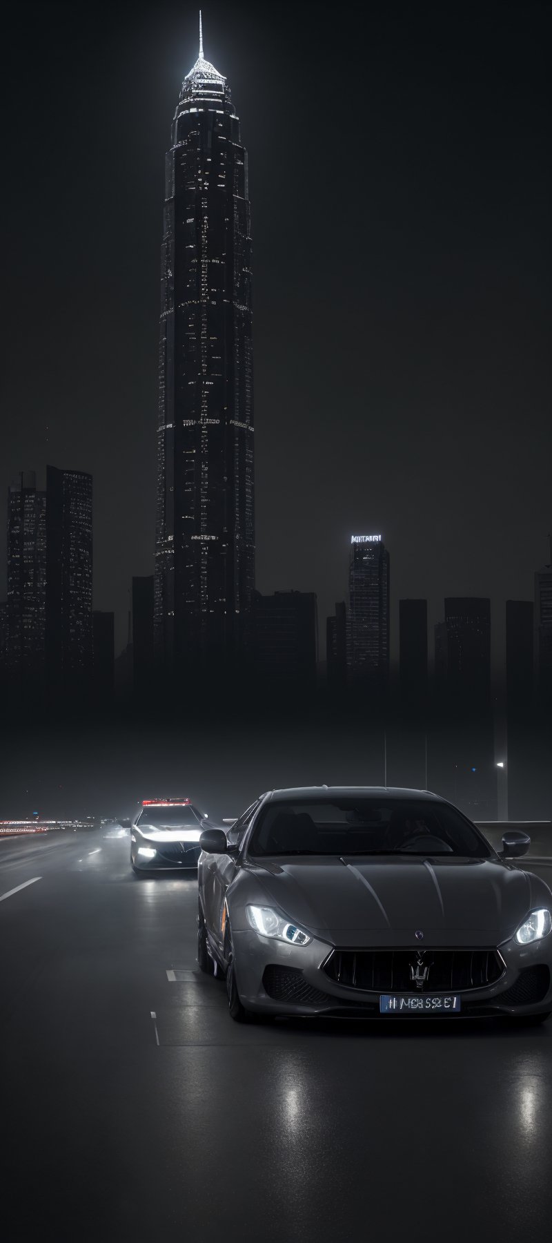 Maserati supercar accelerates down deserted midnight highway, logo gleaming with precision under darkened cityscape. Dynamic wide-angle shot captures towering skyscrapers and bustling streets, urban landscape contrasting with twinkling city lights like diamonds against the blackness of night. Extreme realism showcases every curve and line of the vehicle as it speeds by at breakneck pace.