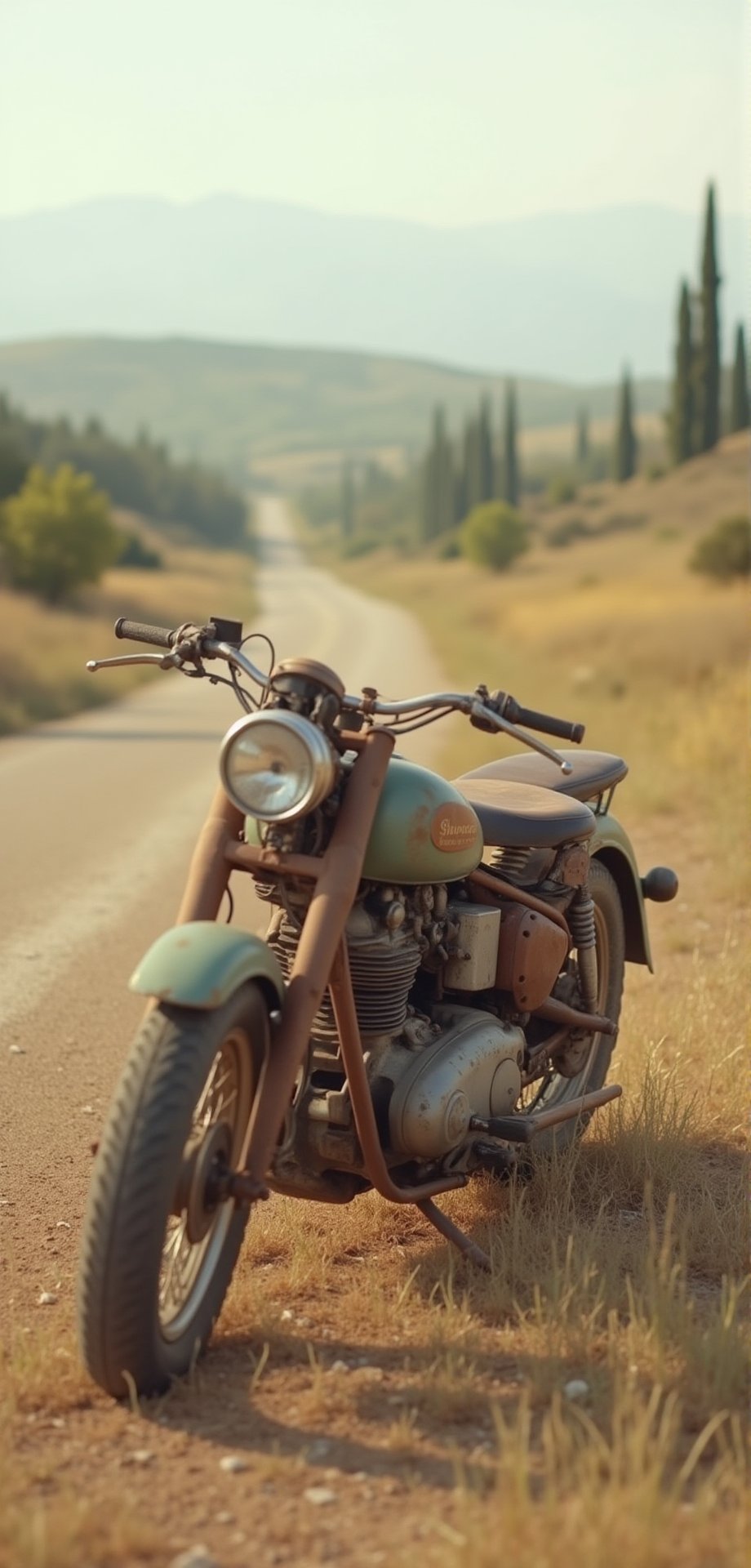 A nostalgic snapshot from the 1950s: a vintage motorcycle, worn and weathered, takes center stage in a Dutch-angle view. The sun casts a warm glow on the rusty bike, as if it's been abandoned on a dusty roadside. In the background, a blurred landscape of rolling hills and cypress trees stretches out to infinity. The image is so lifelike, you can almost smell the gasoline and feel the rough texture of the motorcycle's leather seat. Resolution: 32K.