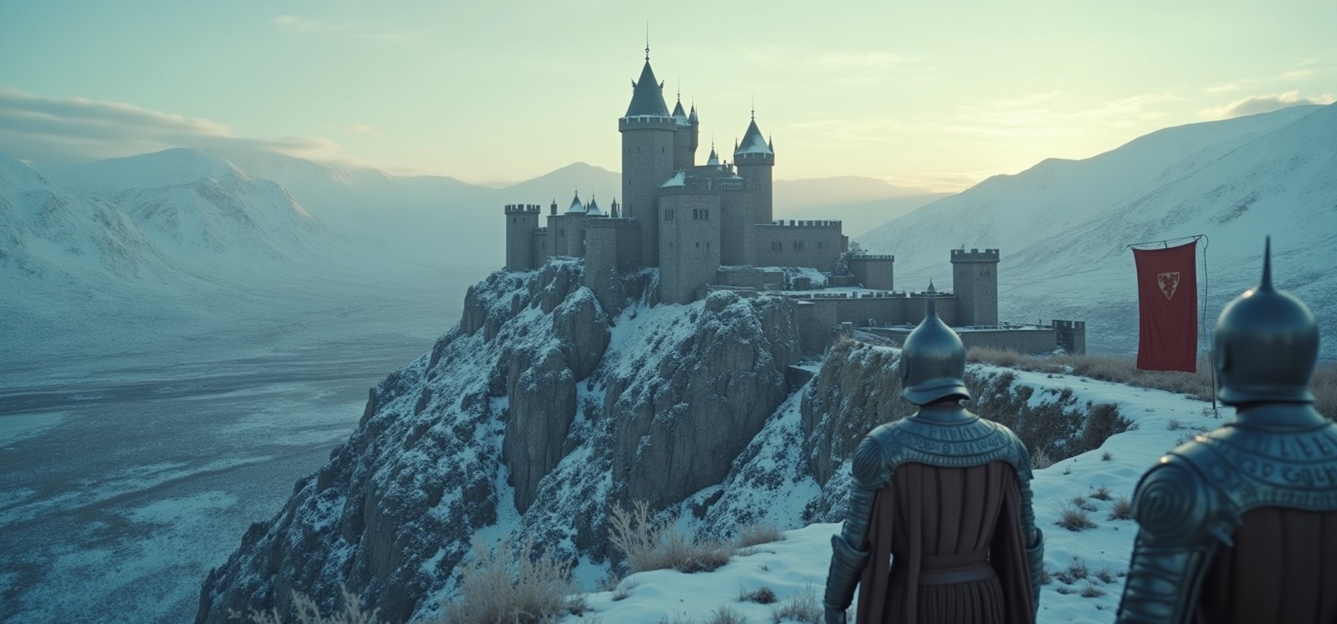 A sweeping shot of the Seven Kingdoms stretches across the frame, medieval castles rising from the rugged terrain like ancient sentinels. A wintery chill settles over the land, casting long shadows across the snow-crested peaks. In the distance, dark and majestic, the imposing structures stand vigilant. The intricate details of suits of armor, banners, and battlements are rendered in ultra-high definition, cinematic lighting bathing all in a warm, golden glow reminiscent of 1950s Game of Thrones film. The color palette is bold and vivid, with deep blues and crimson reds adding depth to the Panavision frame.