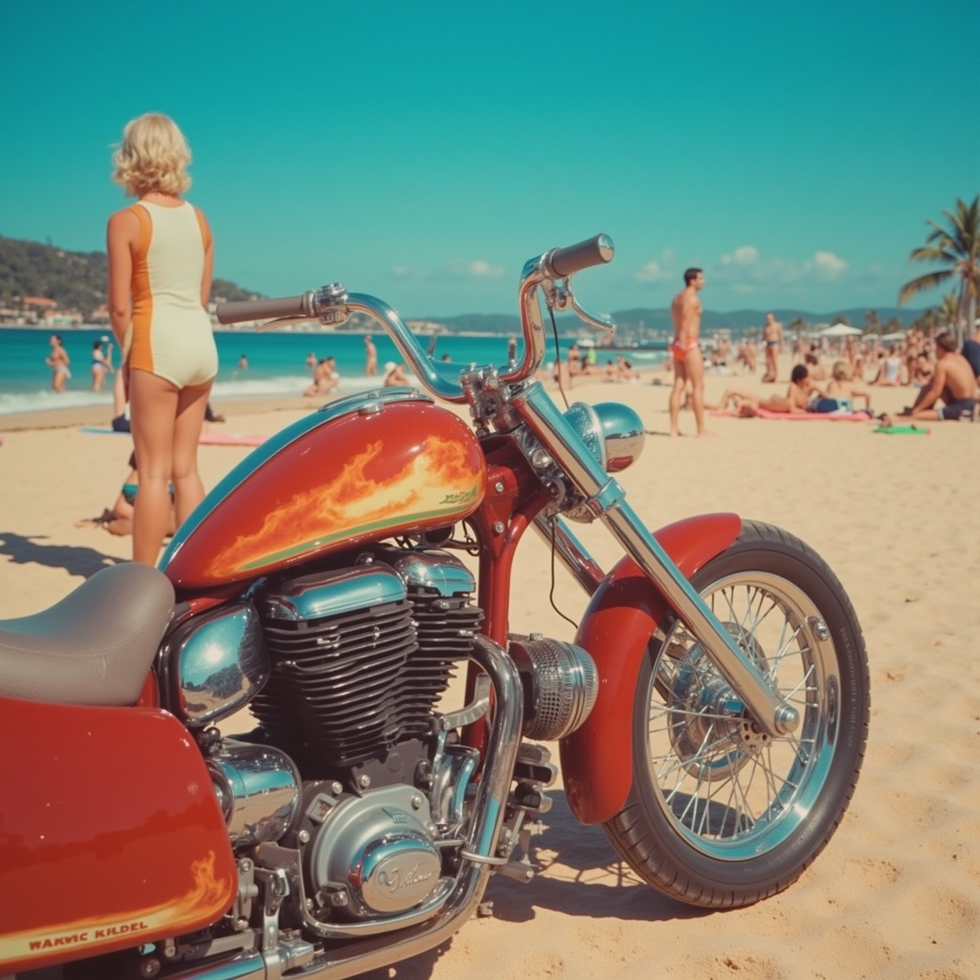 A sweeping Dutch angle shot of a bustling 1950s beachside scene. A sleek, super motorcycle, painted in gleaming chrome and fiery red, dominates the frame. The sun-kissed sand stretches out before it, with surfers and sunbathers enjoying the warm rays. In the distance, the coastline gives way to towering palm trees and a vibrant blue sky. Every detail is meticulously rendered, from the motorcycle's intricate engine to the beachgoers' stylish swimwear. The image is so lifelike, you can almost feel the sea breeze rustling your hair.