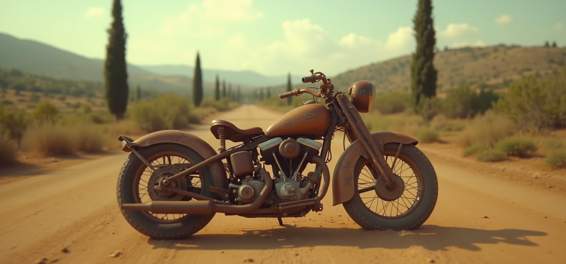 A nostalgic snapshot from the 1950s: a vintage motorcycle, worn and weathered, takes center stage in a Dutch-angle view. The sun casts a warm glow on the rusty bike, as if it's been abandoned on a dusty roadside. In the background, a blurred landscape of rolling hills and cypress trees stretches out to infinity. The image is so lifelike, you can almost smell the gasoline and feel the rough texture of the motorcycle's leather seat. Resolution: 32K.