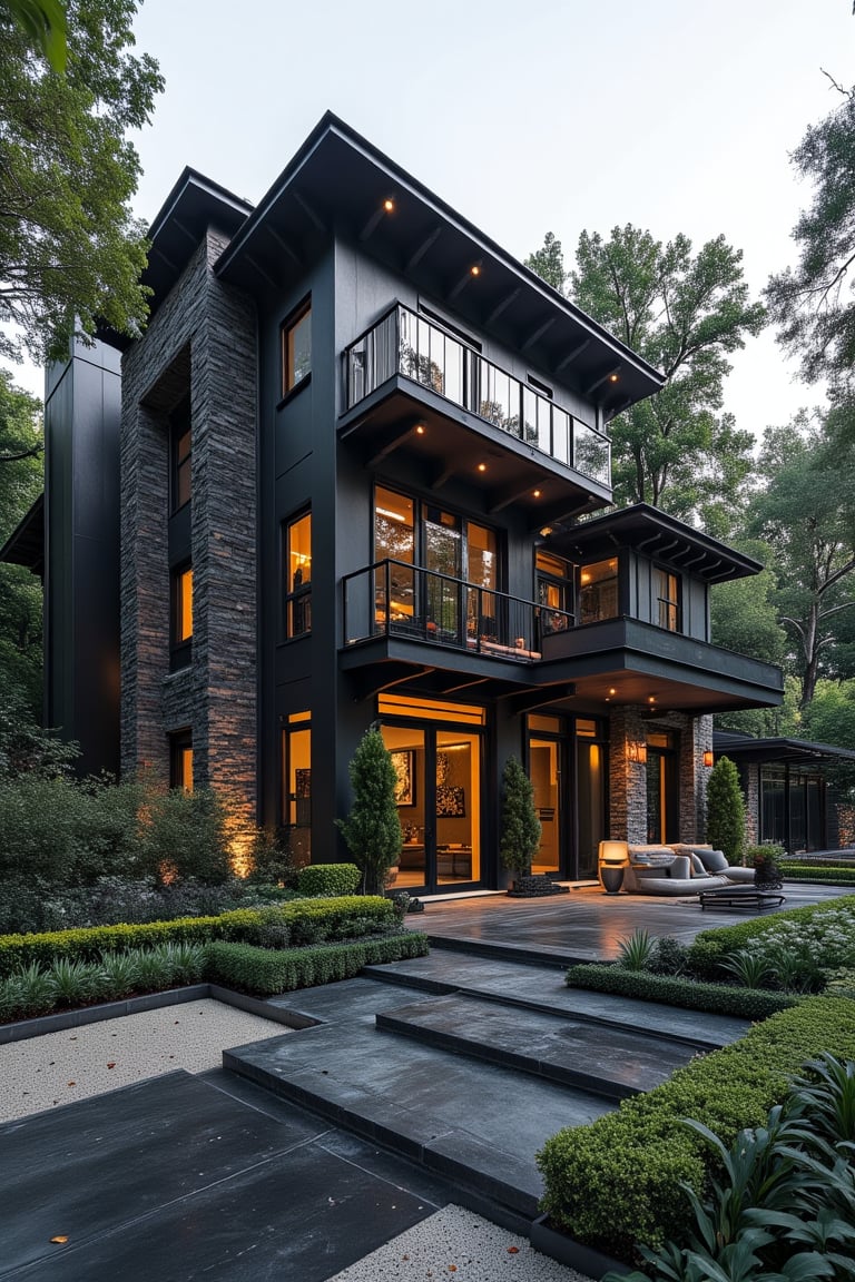 a modern home with clean look,AUTOCad image  ,morning lighting  ,multi story house made up of balck stone in forest ground    
  ,modern design  , detailed morning lighting in background , detailed forest  in background,noc-futuristic,4k,8k,16k,32k high resolution, realistic, image from nikon camer,F31ArchiAI