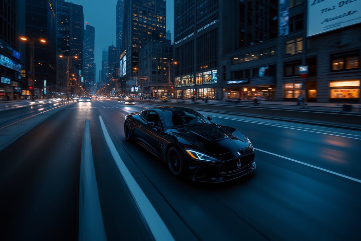 Maserati supercar accelerates down deserted midnight highway, logo gleaming with precision under darkened cityscape. Dynamic wide-angle shot captures towering skyscrapers and bustling streets, urban landscape contrasting with twinkling city lights like diamonds against the blackness of night. Extreme realism showcases every curve and line of the vehicle as it speeds by at breakneck pace.