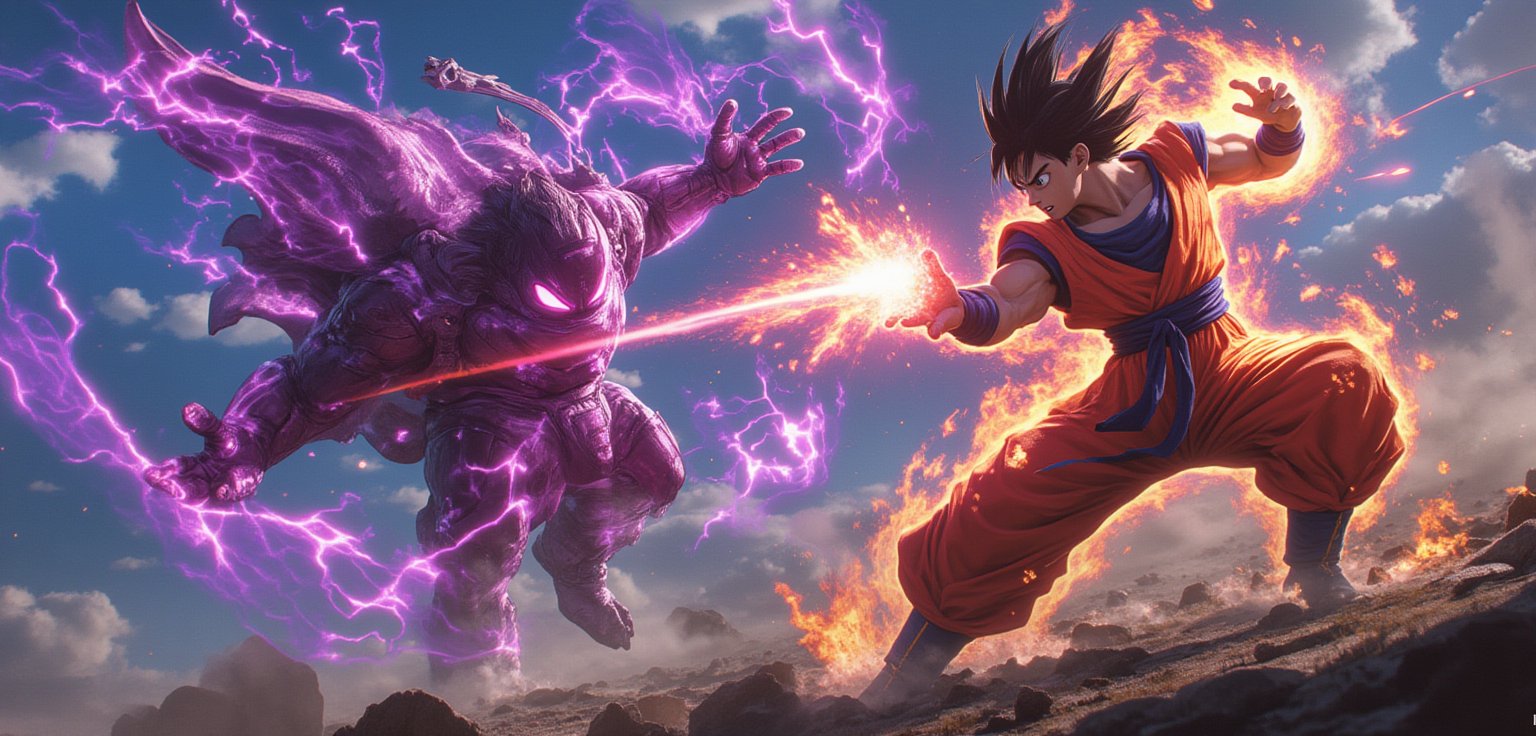 A masterpiece ultrarealistic image of Goku of Dragonball fighting with Frieza and Android 21 simultaneously. Very sharp and realistic image/photo 8k resolution. Words text "ANIME FLUX" may be seen.