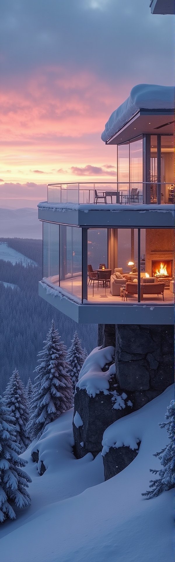 A majestic modern glass villa sits atop a snowy mountain peak at dusk, its sleek façade reflecting the vibrant hues of the setting sun. Snowflakes gently fall onto the villa's angular lines, creating a serene winter wonderland. The surrounding landscape is bathed in a warm, golden light, with snow-covered trees and rolling hills stretching out to the horizon. The camera zooms in on the villa's glass walls, revealing a cozy interior lit by soft lamps and a roaring fire. In 1080p resolution, every detail is crisp and realistic, from the frosty windowsills to the wispy snowflakes dancing in the air.