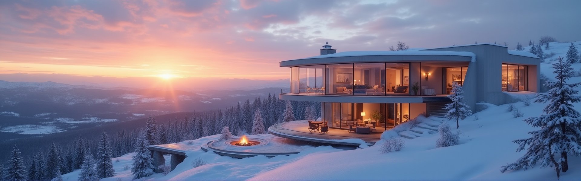 A majestic modern glass villa sits atop a snowy mountain peak at dusk, its sleek façade reflecting the vibrant hues of the setting sun. Snowflakes gently fall onto the villa's angular lines, creating a serene winter wonderland. The surrounding landscape is bathed in a warm, golden light, with snow-covered trees and rolling hills stretching out to the horizon. The camera zooms in on the villa's glass walls, revealing a cozy interior lit by soft lamps and a roaring fire. In 1080p resolution, every detail is crisp and realistic, from the frosty windowsills to the wispy snowflakes dancing in the air.