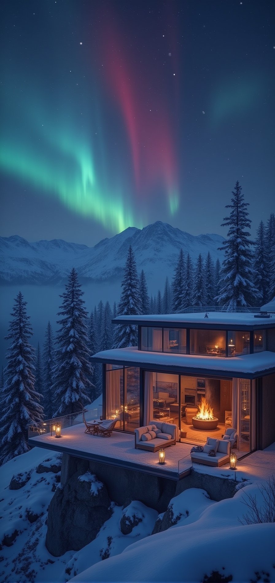 A majestic modern glass villa sits atop a snowy mountain peak at dusk's detailed night. Framed by the camera, the villa's sleek façade reflects vibrant aurora hues as red northern lights dance across the sky, casting an ethereal glow on the surrounding landscape. The camera pans to reveal the villa's foundation, where a bone fire crackles outside, its flames illuminated by soft lanterns and wispy smoke dancing upwards. Snowflakes gently fall onto angular lines, creating a serene winter wonderland. The camera zooms in on glass walls, revealing cozy interior lit by soft lamps and roaring fire, with frosty windowsills and wispy snowflakes appearing crisp and realistic in 1080p resolution.