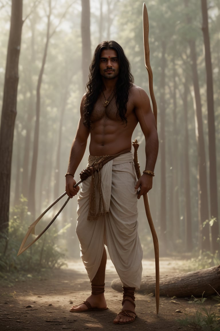 solo, long black wavy hair, 1indian boy, holding bow , standing, full body, weapon bow , male focus, outdoors, day, pants, holding weapon bow , tree, traditional style white indian dhoti , lean muscular, long  wavy hair, pectorals, nature, forest, bow \(weapon\), realistic, arrow \(projectile\), manly, chest hair, quiver,Portrait ,gold jewellary