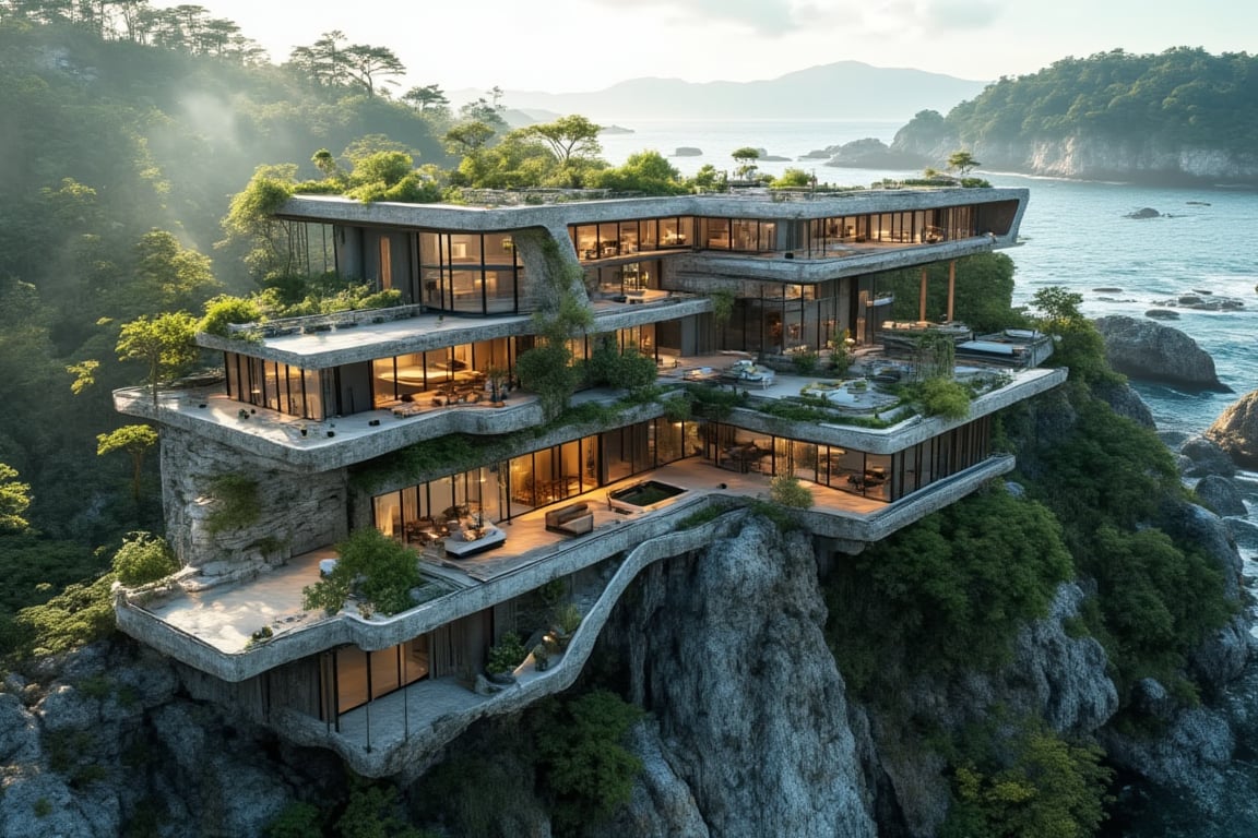 a modern home with clean look,AUTOCad image  ,morning lighting  ,multi story house in forest   
  ,modern design  , detailed morning lighting in background , detailed beach in background,noc-futuristic,4k,8k,16k,32k high resolution, realistic, image from nikon camer 