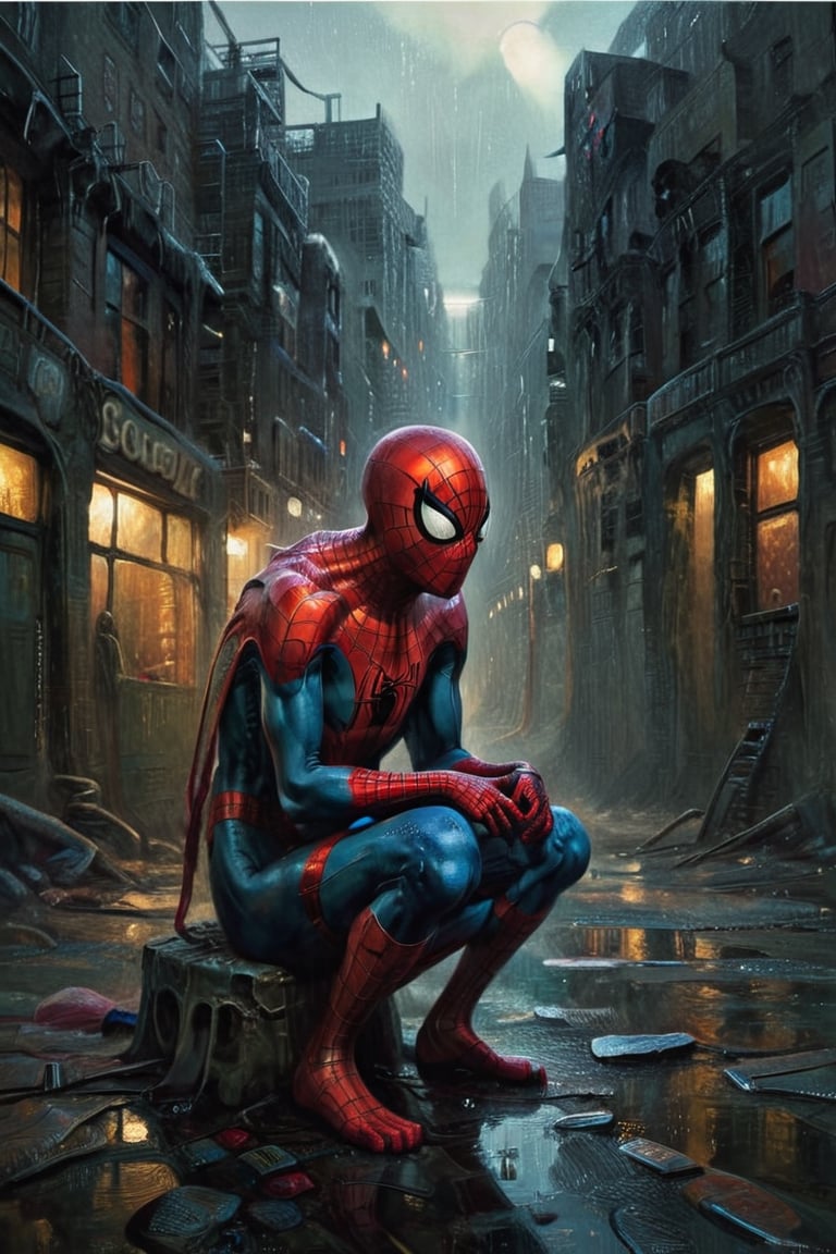 Spider-Man with a cybernetic suit sitting on a street at dark night, with rain, crestfallen, sad, with torn mask, buildings with lights on through the windows, street desolate and empty because of the rain. Soledad, film scene,Cyborg,horror (theme), tights,digital painting,digital artwork by Beksinski