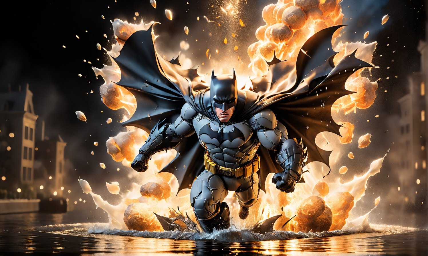 High-Speed Photography of [batman] charging through an exploding [water] ,  shrapnel and flames surrounding it. Backlit by...