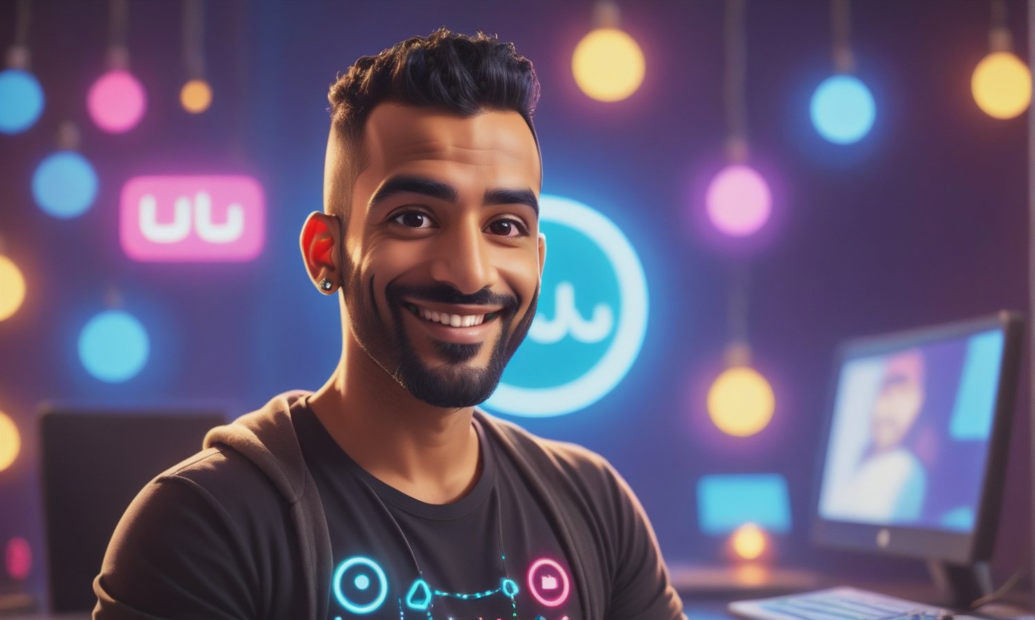 cute arabic man 35 years old, style pixar, in youtube studio, half body, mistic composition, smiling, the studio has a computer, laptop, neon lights  featuring YouTube logo, cyberpunk style