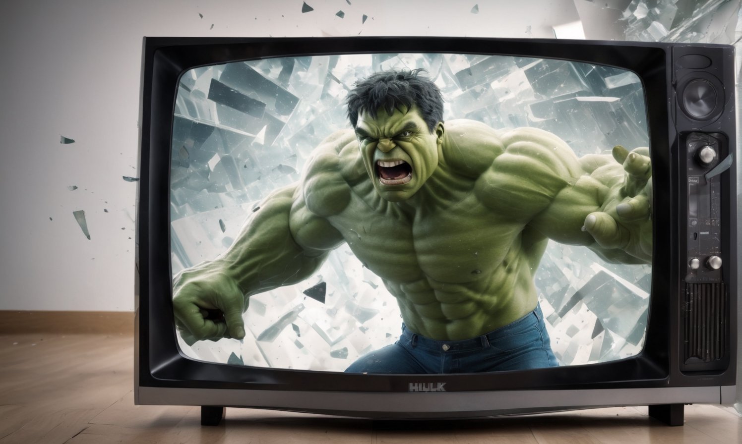 POV you looking at: a double exposure view of a: hyper surreal realistic picture of the ,  ((cracking the screen of the TV...