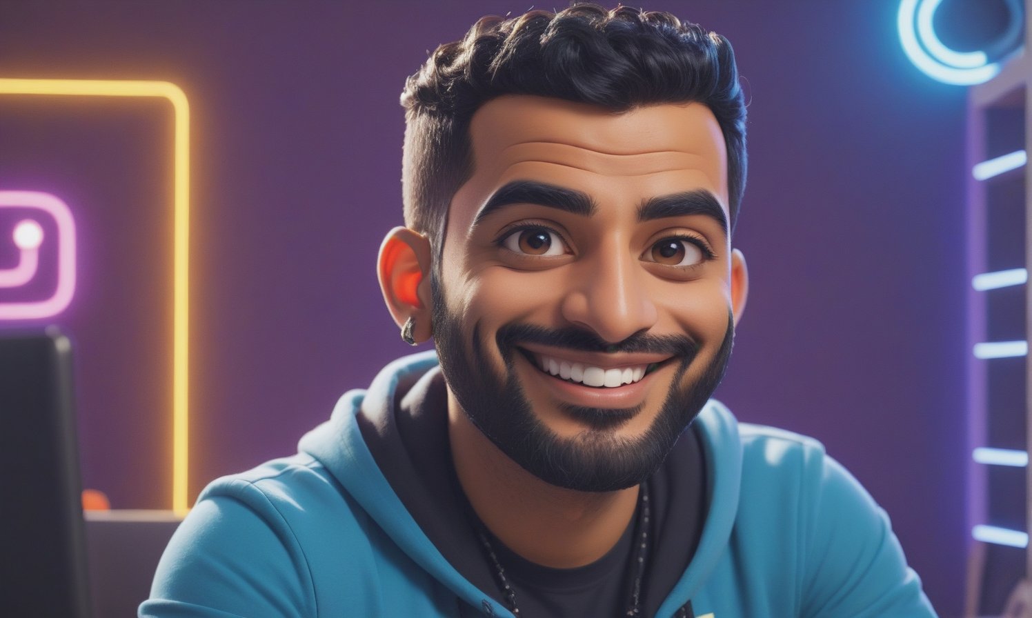 cute arabic man 35 years old, style pixar, in youtube studio, half body, mistic composition, smiling, the studio has a computer, laptop, neon lights  featuring YouTube logo, cyberpunk style