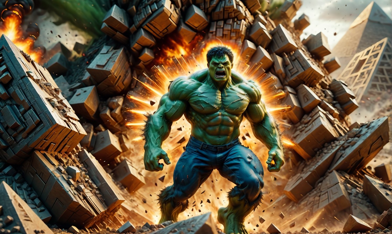 [Hulk/ destroying pyramids] film poster, in the style of epic movement, Dynamic composition, cinematic color grading, stunning, photorealistic, chaotic action, intense emotion. Shot with a Canon EOS-1D X Mark III, (motion blure:1.2)