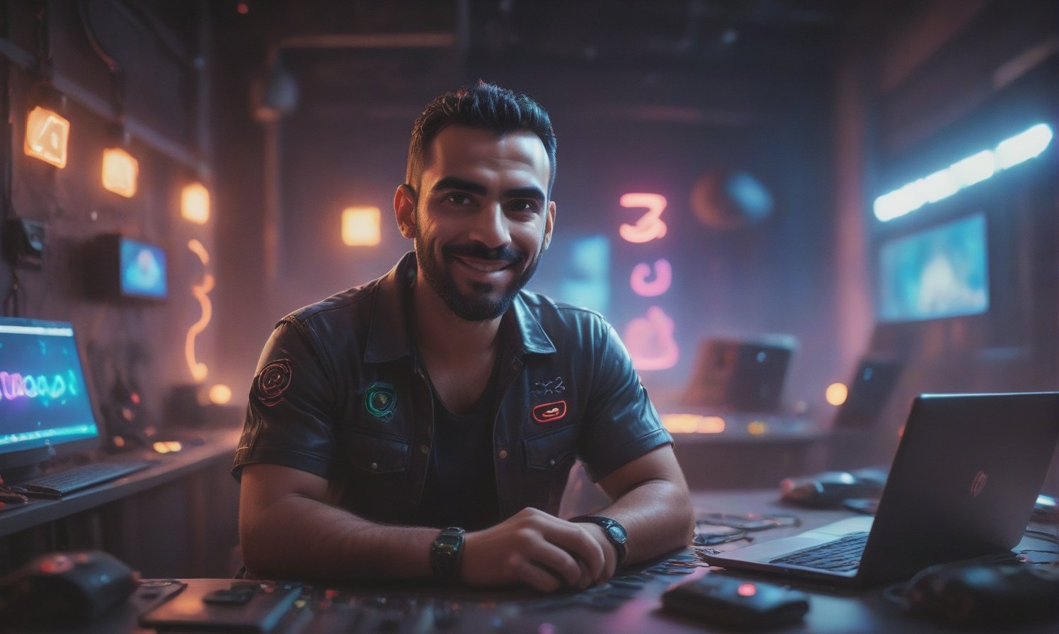 cute arabic man 35 years old, style pixar, in youtube studio, half body, mistic composition, smiling, the studio has a computer, laptop, neon lights  featuring YouTube logo, cyberpunk style