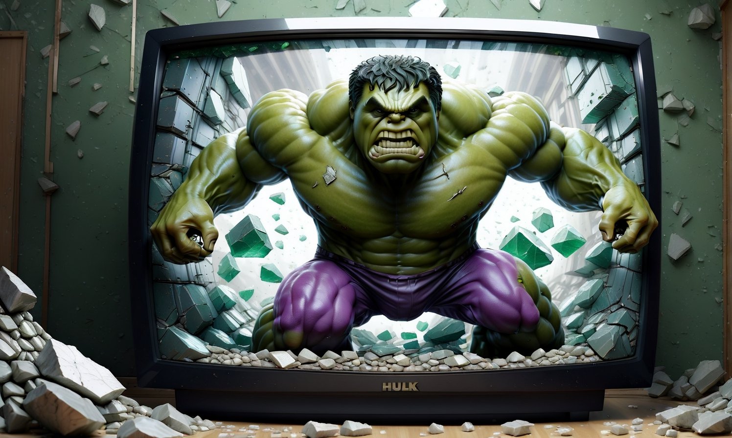 POV you looking at: a double exposure view of a: hyper surreal realistic picture of the hulk trying to escape a TV,  ((cra...