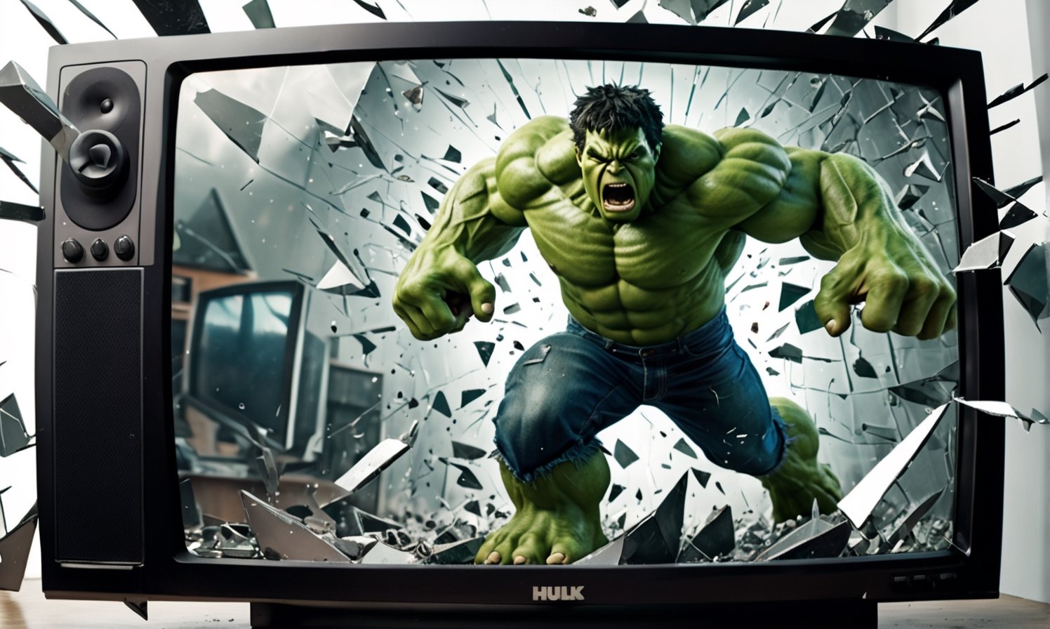 POV you looking at: a double exposure view of a: hyper surreal realistic picture of the Hulk trying to escape a TV,  ((cra...