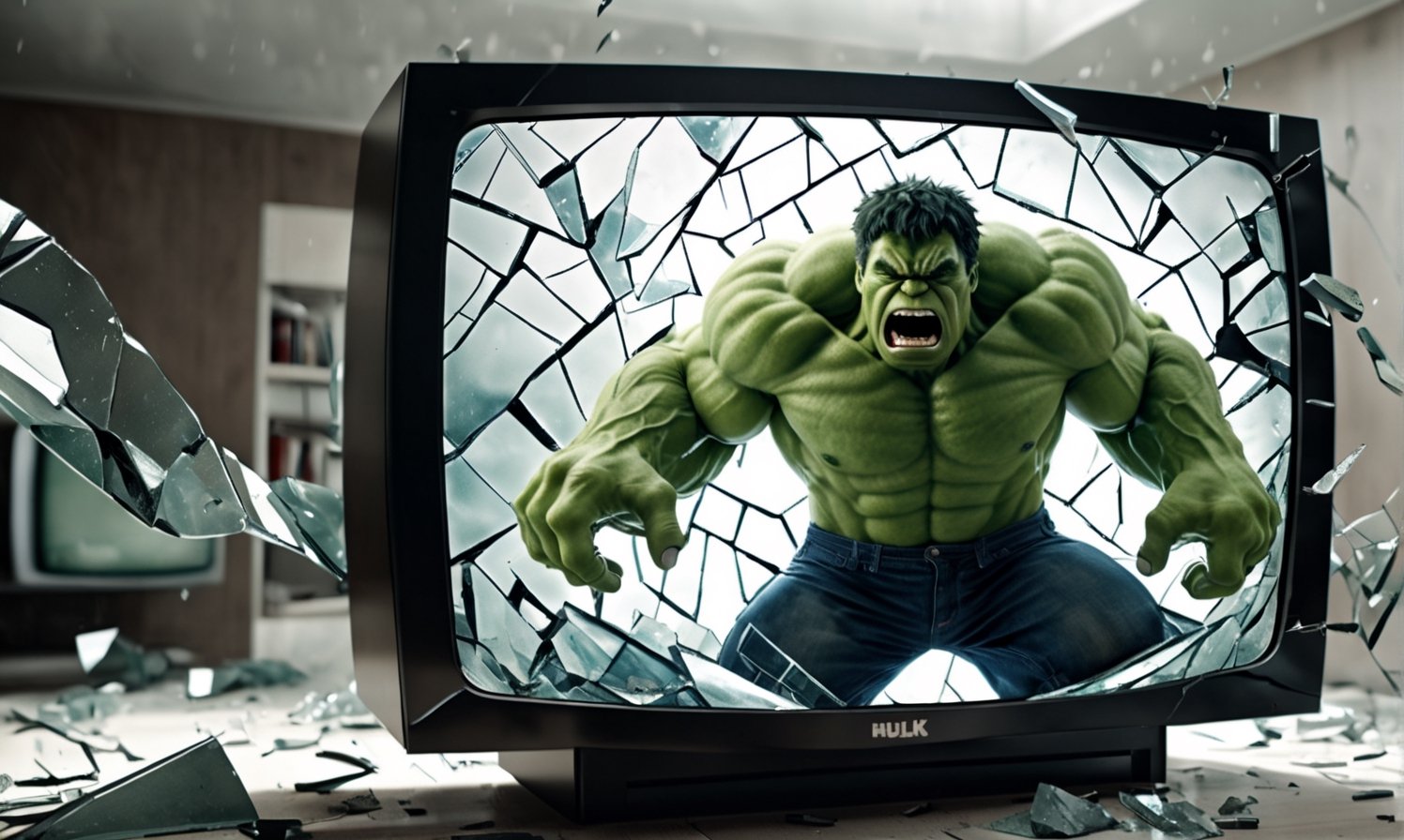 POV you looking at: a double exposure view of a: hyper surreal realistic picture of a ,  ((cracking the screen of the TV))...