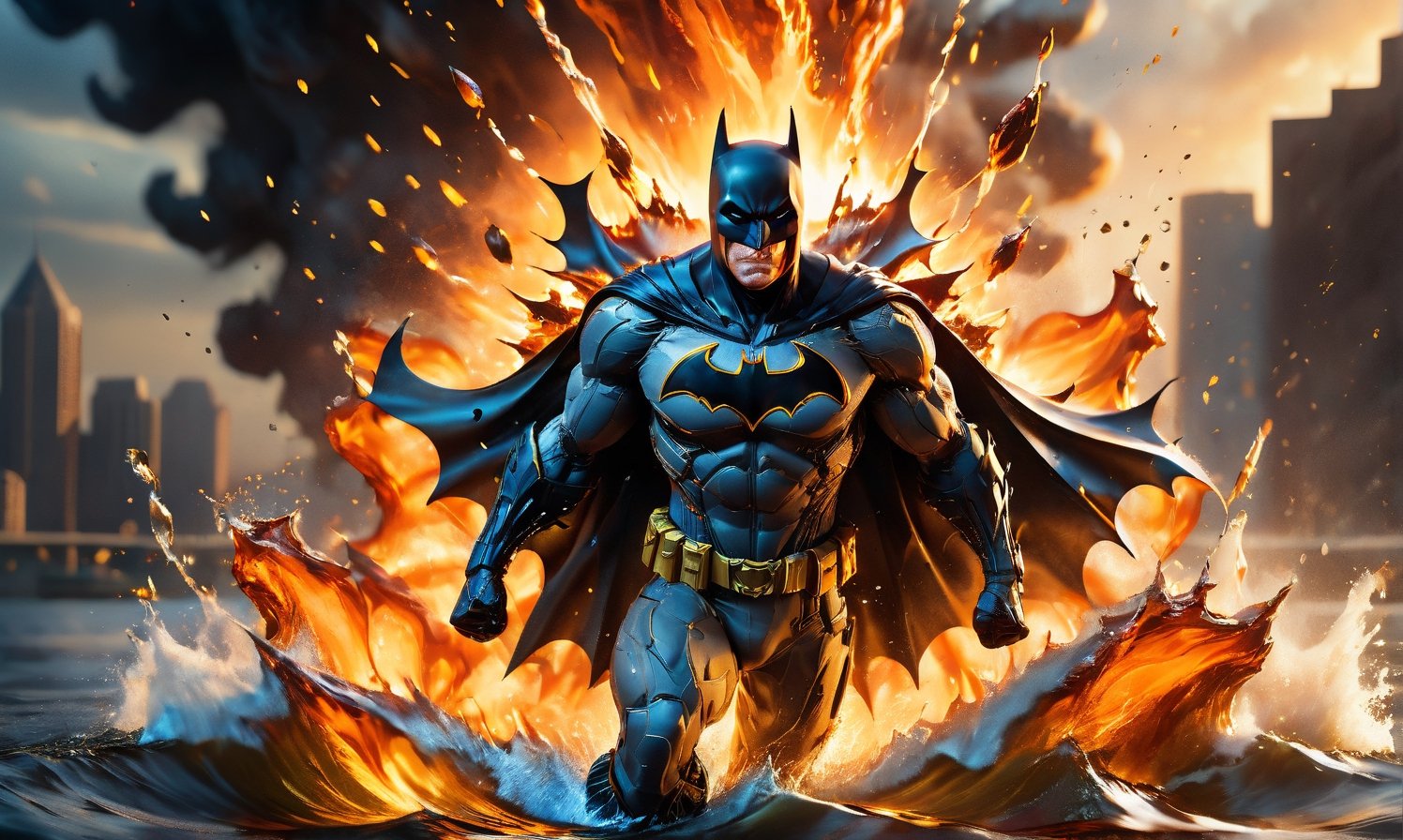 High-Speed Photography of [batman] charging through an exploding [water] ,  shrapnel and flames surrounding it. Backlit by...