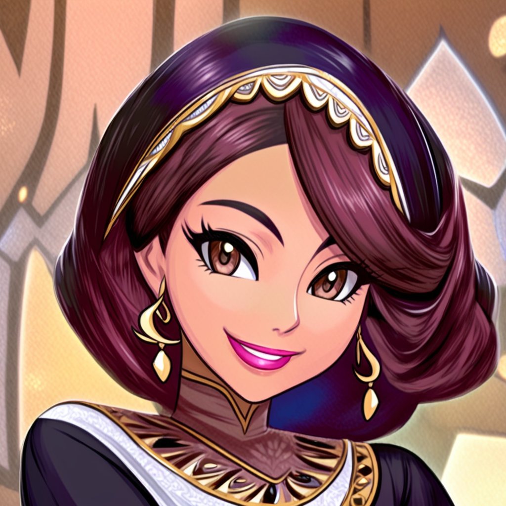 portrait of Egyptian female, smiling, Disney, Pixar style, wearing pharaonic full sleeve clothes, (arabic hijab:1.2), bokeh background
,disney pixar style