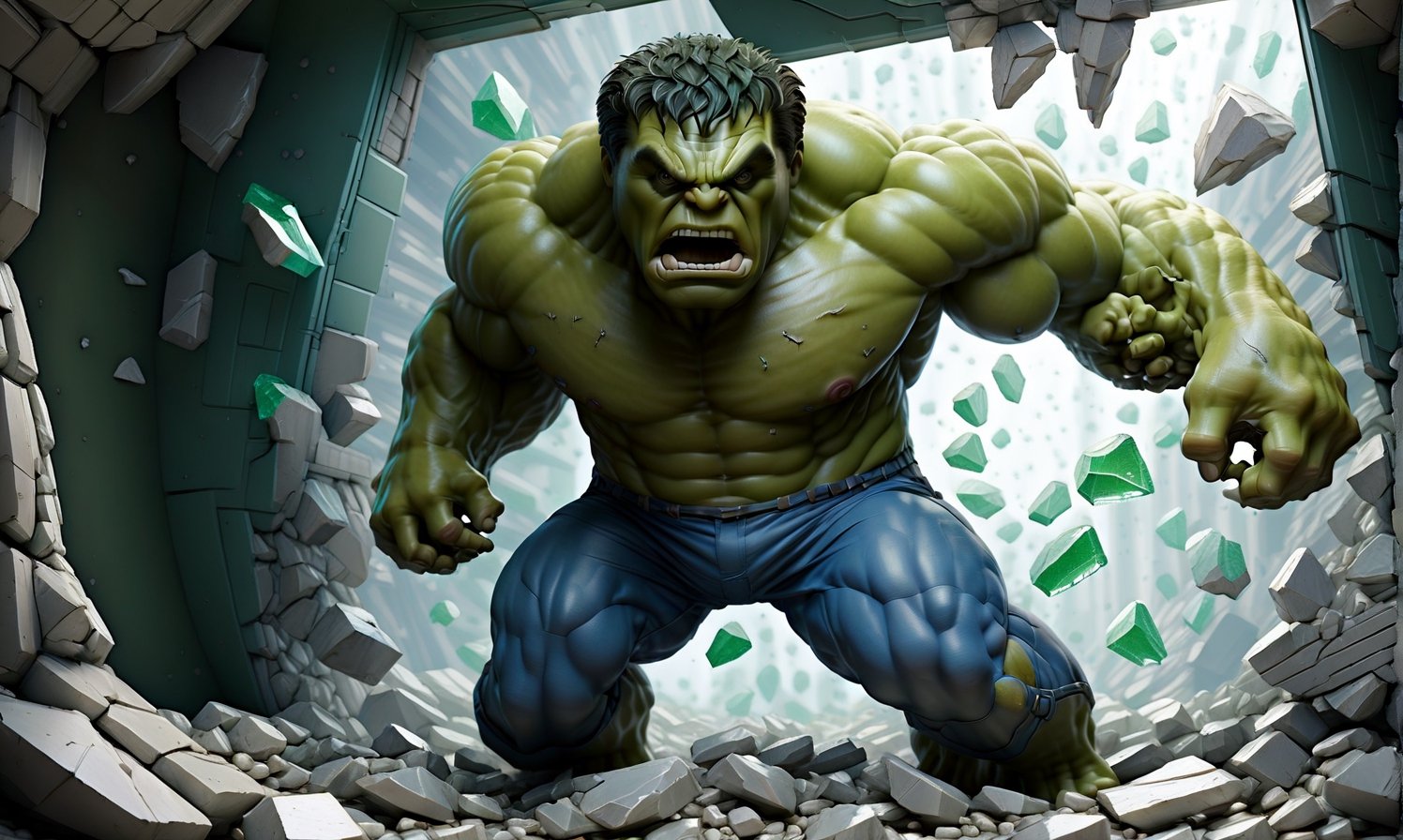 POV you looking at: a double exposure view of a: hyper surreal realistic picture of the hulk trying to escape a TV,  ((cra...