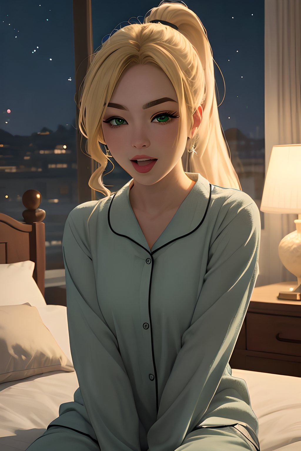 highres, masterpiece, perfect lighting, bloom, cinematic lighting, adult, female, looking at viewer, portrait, upper body, bedroom, night background, green eyes, thick eyebrows, bangs, blonde hair, long flowing hair, ponytail, ahegao,tongue out, arms together, arm between thighs, sitting, realistic, black pupil, pajamas, hyperrealism, wink, ;),one eye closed