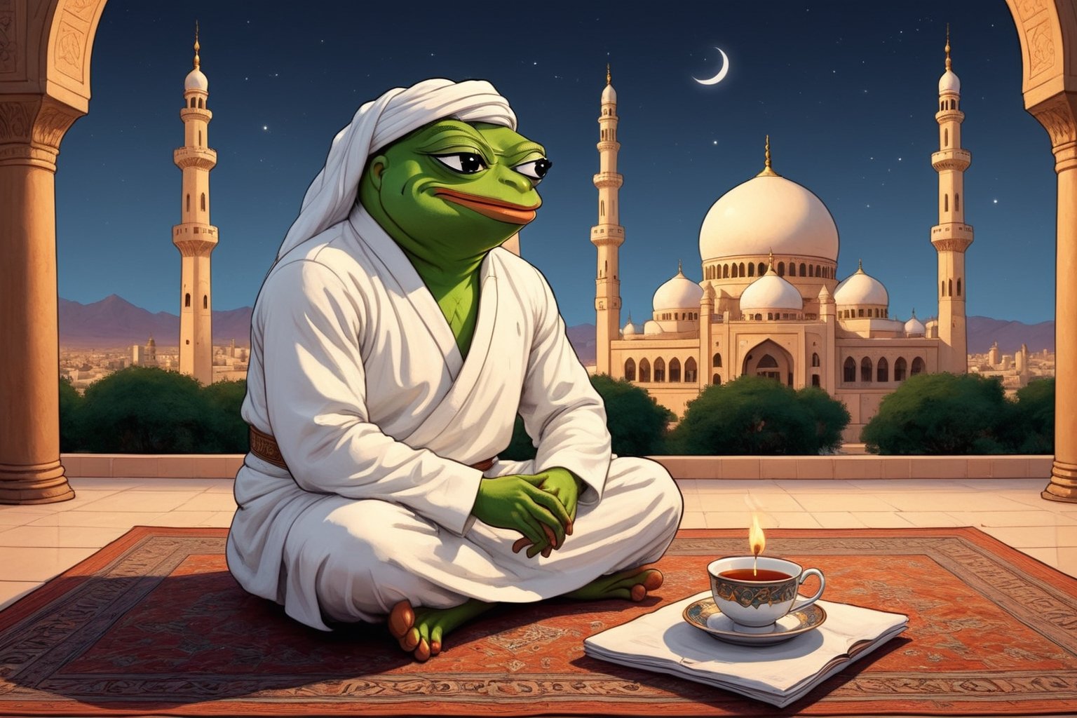 pepe(frog, wise, quiet, wearing white Ihram, Arabian outfit, muscular, tall), (full body) sitting on a mattress, tea and dates on the table, background(mosques, exterior, Arabian city, night),(masterpiece, highres, high quality:1.2), ambient occlusion, low saturation, High detailed, Detailedface, (shot from distance), Ramadan, Islam 