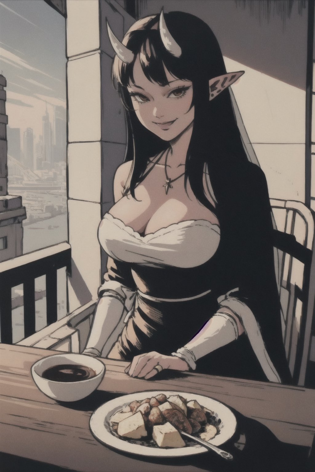 pov across table, looking at viewer, sitting, solo, cup of coffee, table, plate, fork, depth of field, food, spoon, head rest, woman\(slim body, young, Oni horns, demon elf ears, long black hair, red eyes, jewelery, bridal gauntlets, rings, amulets, eyelashes, large cleavage, wearing full harem dress, sandal, feminine, beautiful, mistress\), The scene should convey a seductive and smug smile expression on her face, with an air of arrogance as she maintains eye contact with the viewer, blurry background(luxurious arabian balcony, outdoor, sky, day, Dubai city, pillows),(masterpiece, highres, high quality:1.2), ambient occlusion, low saturation, High detailed, Detailedface, break CONCEPT_pov_dating_ownwaifu,www.ownwaifu.com