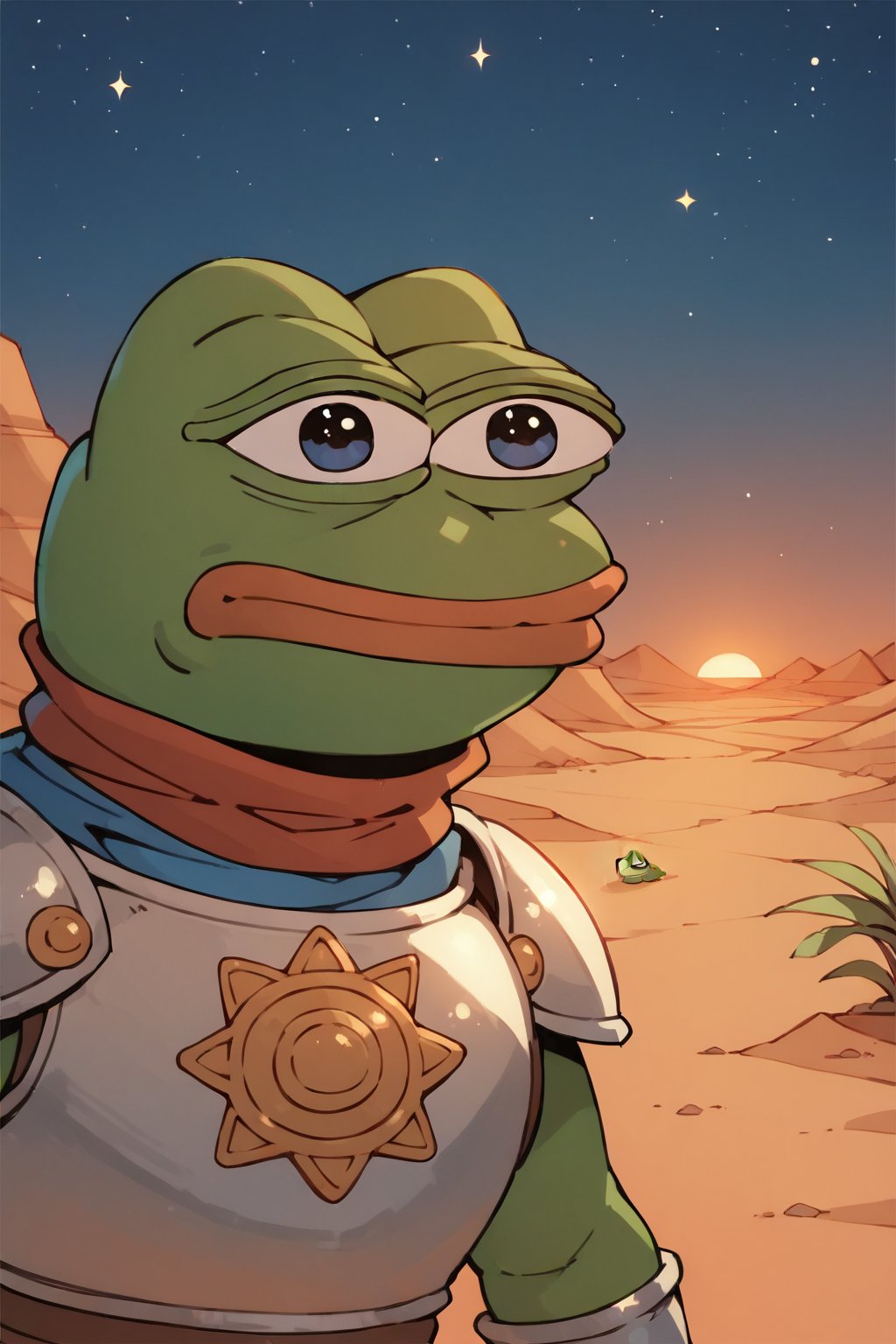 score_9, score_8, score_7, score_8_up, pepe the frog, wearing Arabian Armor, outdoor, night, desert, starring at the stars, score_7_up