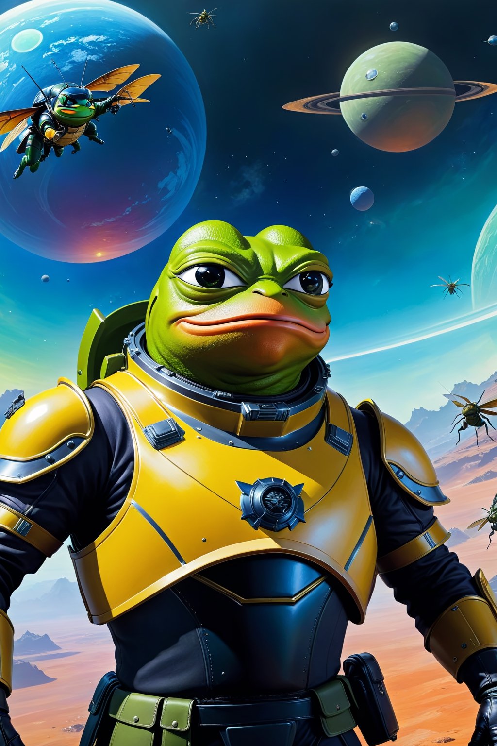 Pepe the frog wearing helldiver Armor, fighting against giant alien insects, background(alien planet), fantasy, Oil painting, heavy brush strokes, colourful, epic art, (masterpiece, highres, high quality:1.2), ambient occlusion, low saturation, High detailed, Detailedface, Dreamscape