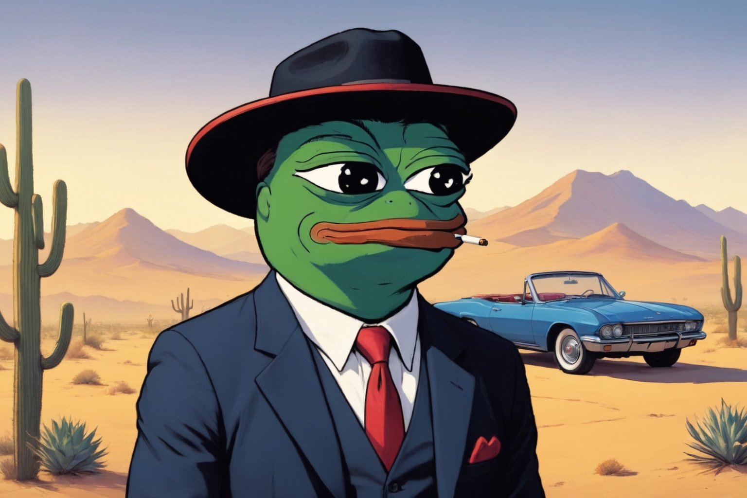 score_9, score_8, score_7, Pepe(frog, tall, young, wearing black business suit with tie, cowboy hat, smoking cigarette), in front of his classic vintage car, background(Mojave desert, night), background(outdoor, day),(masterpiece, highres, high quality:1.2), ambient occlusion, low saturation, High detailed, Detailedface, (shot from distance),Retro art,Wojak