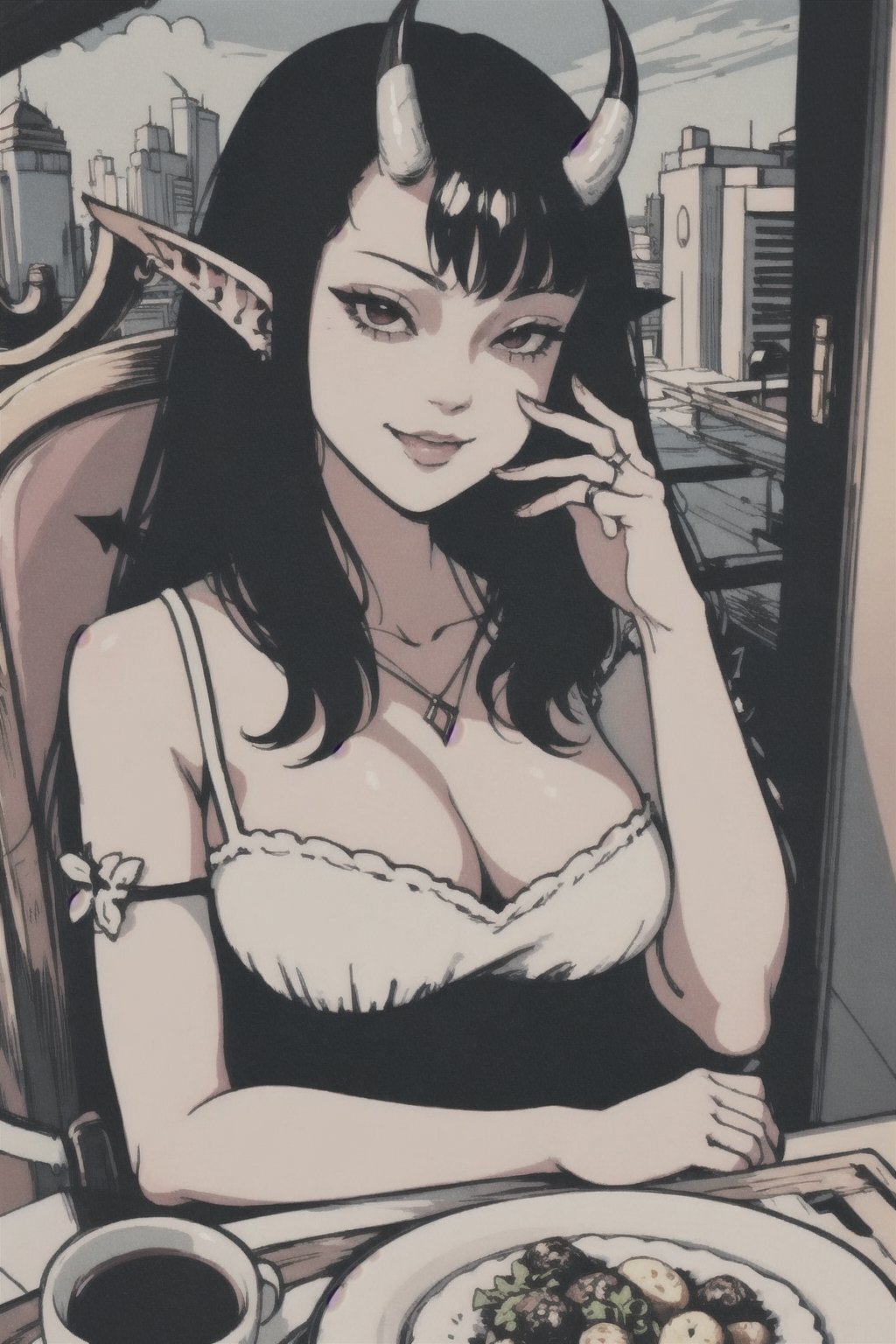 pov across table, looking at viewer, sitting, solo, cup of coffee, table, plate, fork, depth of field, food, spoon, head rest, woman\(slim body, young, Oni horns, demon elf ears, long black hair, red eyes, jewelery, bridal gauntlets, rings, amulets, eyelashes, large cleavage, wearing full harem dress, sandal, feminine, beautiful, mistress\), The scene should convey a seductive and smug smile expression on her face, with an air of arrogance as she maintains eye contact with the viewer, blurry background(luxurious arabian balcony, outdoor, sky, day, Dubai city, pillows),(masterpiece, highres, high quality:1.2), ambient occlusion, low saturation, High detailed, Detailedface, break CONCEPT_pov_dating_ownwaifu,www.ownwaifu.com