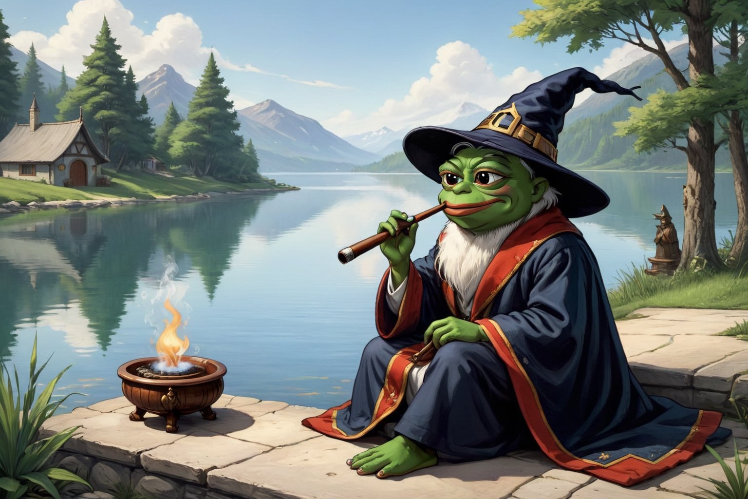 Pepe(frog, old, wearing wizard robe, long beard, white beard, wizard hat, smoking pipe), sitting and resting on lakeside, background(outdoor, day, classic car),(masterpiece, highres, high quality:1.2), ambient occlusion, low saturation, High detailed, Detailedface, (shot from distance),