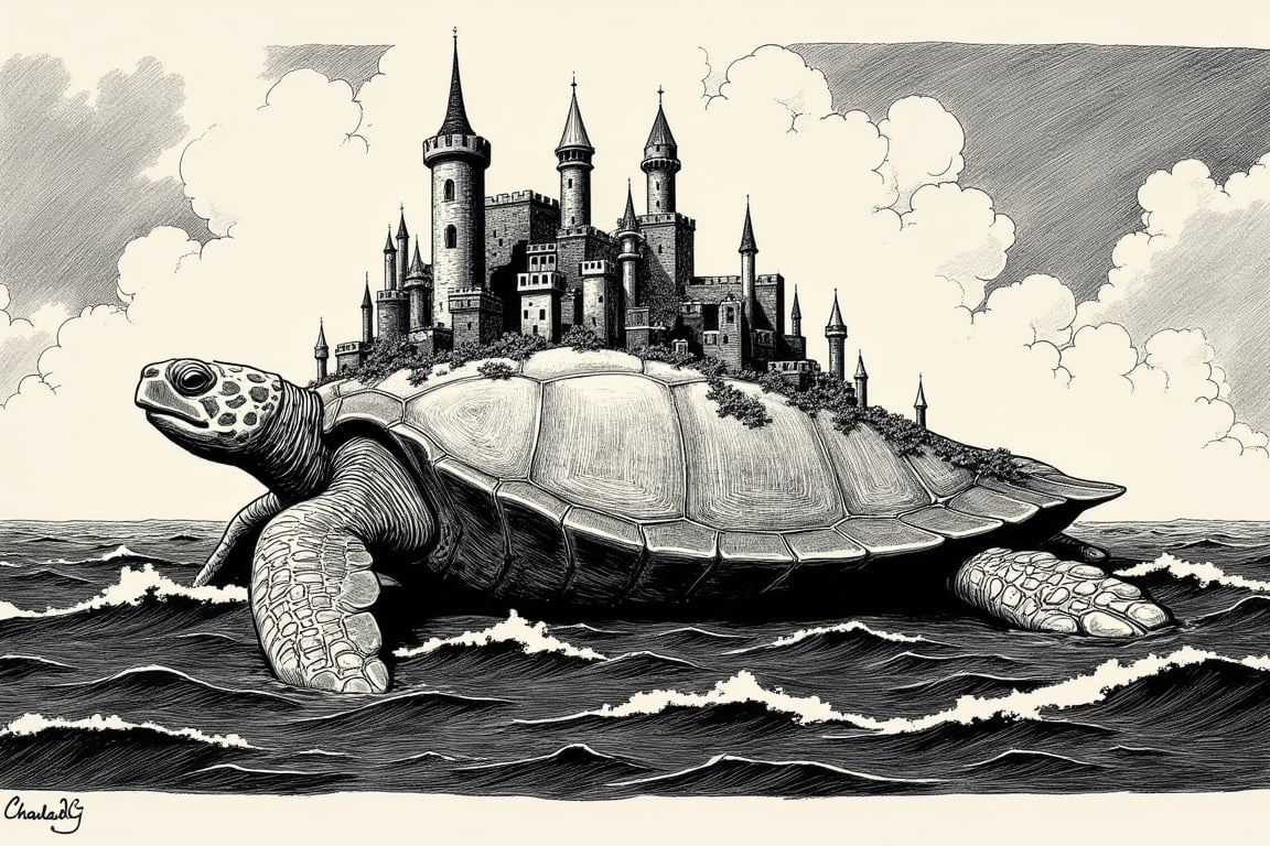 In the evocative ink style of CharlesDG, a giant sea turtle glides through dark, swirling waters beneath a cloudy, storm-lit sky. The turtle’s colossal shell, rendered in sharp, textured ink strokes, serves as the foundation for a mythical city. Towers and castles rise dramatically from the turtle’s back, their spires etched with fine details that mirror the ancient grandeur of a forgotten era. Crumbling stone walls and bridges, overgrown with vines, link the structures as they seem to grow naturally from the turtle’s rugged shell.

The turtle’s massive form is both majestic and eerie, its limbs pushing gracefully through the water, each stroke outlined with bold ink lines that capture both its power and ancient wisdom. Above, a sky filled with swirling clouds and darkened waves emphasizes the contrast between the mythical city and the endless, mysterious ocean below. The entire scene feels dreamlike yet full of intense, graphic details.