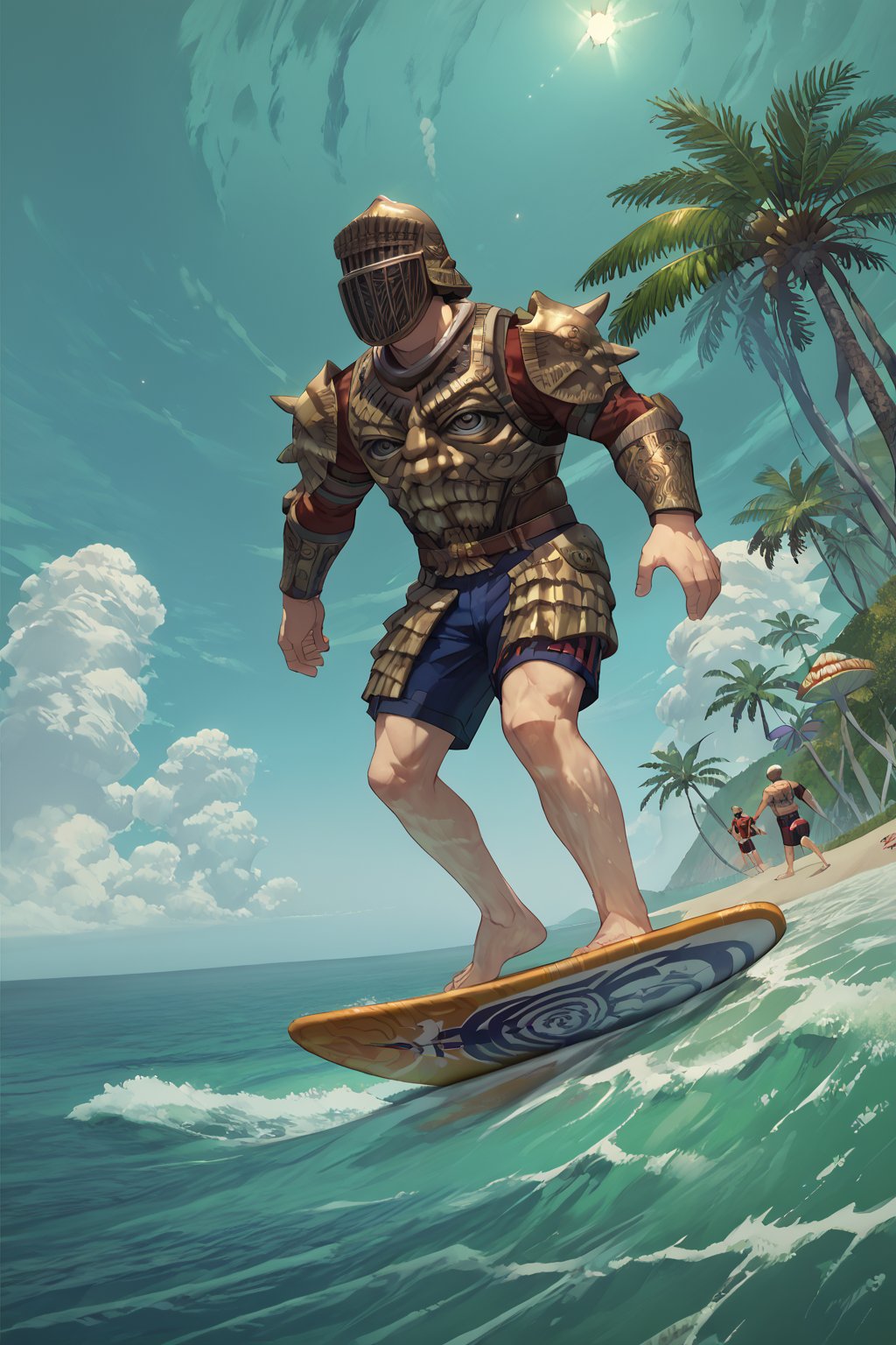 score_9, score_8, score_7, score_7_up, score_8_up, 1boy\(human, giant, tall, wearing madness Armor and helmet\), surfing, swimsuit, barefoot, surfboard, beach, mushroom tree, outdoor, night, romance, fantasy, 2d, anime, hetero