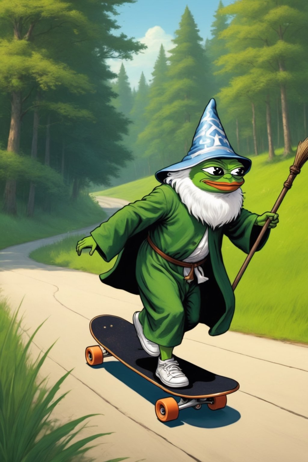 Pepe(frog, old, wearing wizard robe, long white beard, wizard, holding magical staff, smug), on a skateboard, flying in the air, background(rural road, lakeside, forest, day),(masterpiece, highres, high quality:1.2), ambient occlusion, low saturation, High detailed, Detailedface, (shot from distance),Wojak, 2d